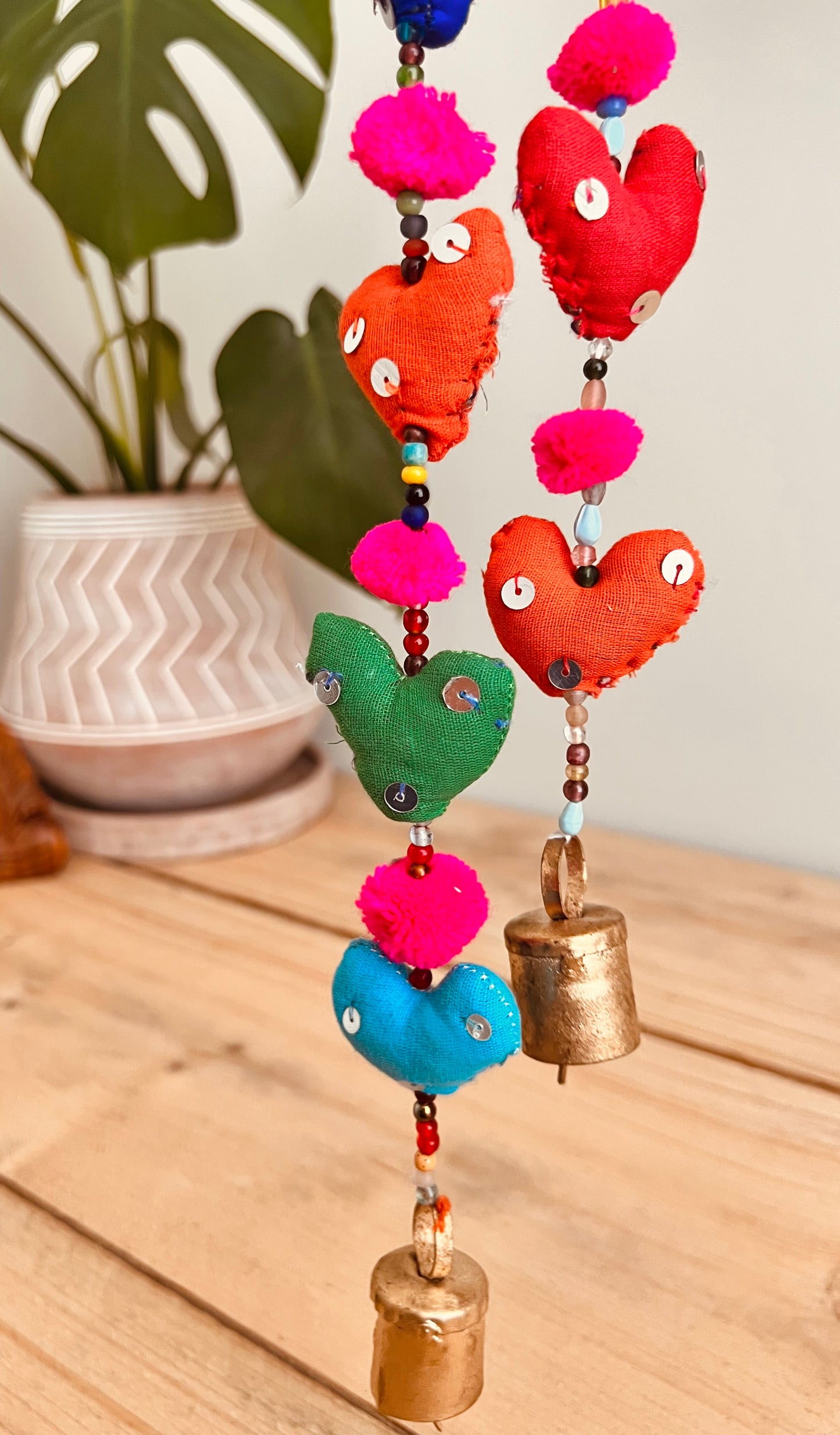 Handmade mini fabric tota heart bells and mini Pom Pom hanging decorative bells handmade, fair trade & ethically sourced Indian bells