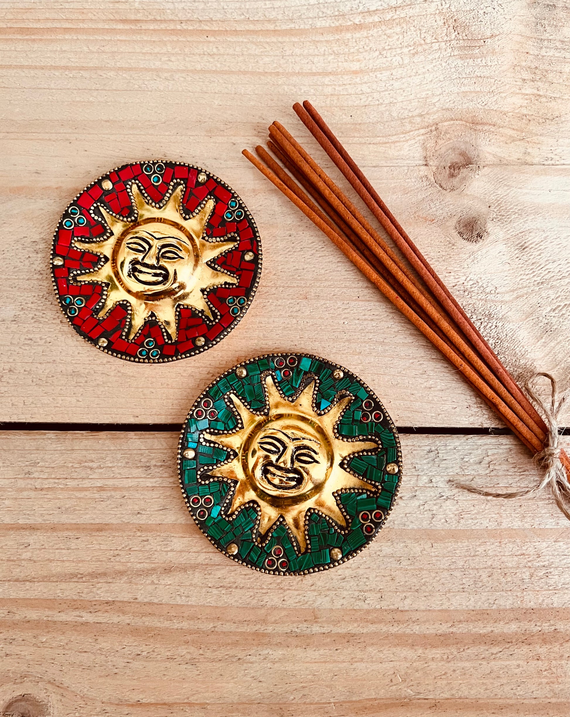 Handmade Fair Trade Mossaic Incense Stick HOlder With Gold Sun Face Ash Catcher