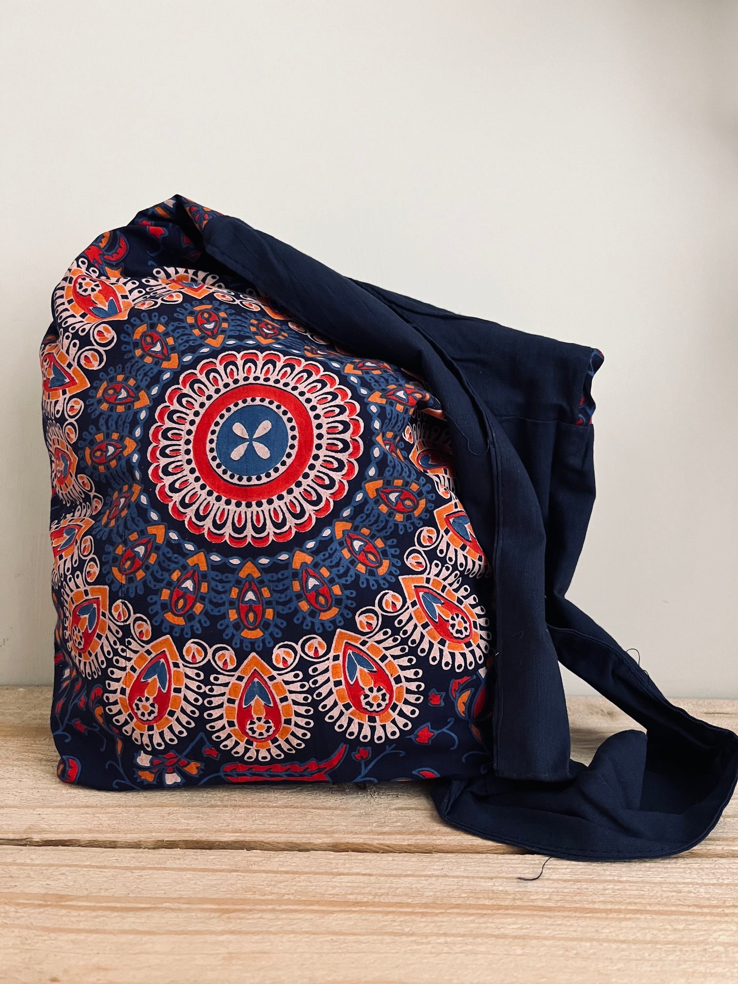 Handmade Fair Trade Peacock Print Shoulder Bag Navy Blue & Purple