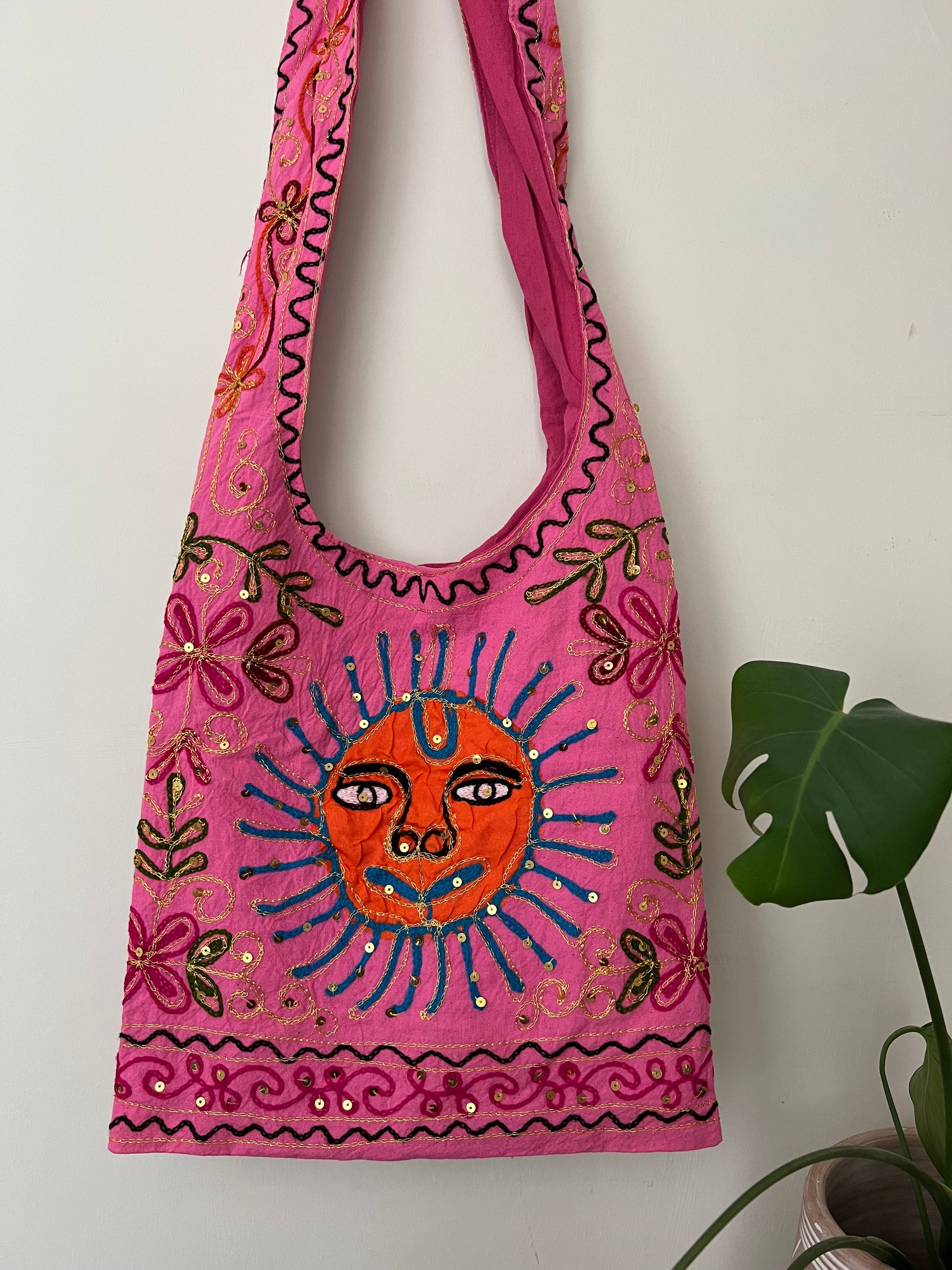 Handmade Fair Trade Hand Embroidered Smiling Indian Sun Shoulder Bag Festival Travel Bohemian Bag Pink