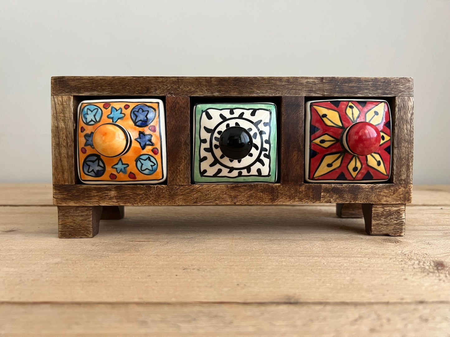 Handmade Fair Trade Three Drawer Mango Wodd Trinket Box Jewellery Box Ceramic Hand Painted Drawers