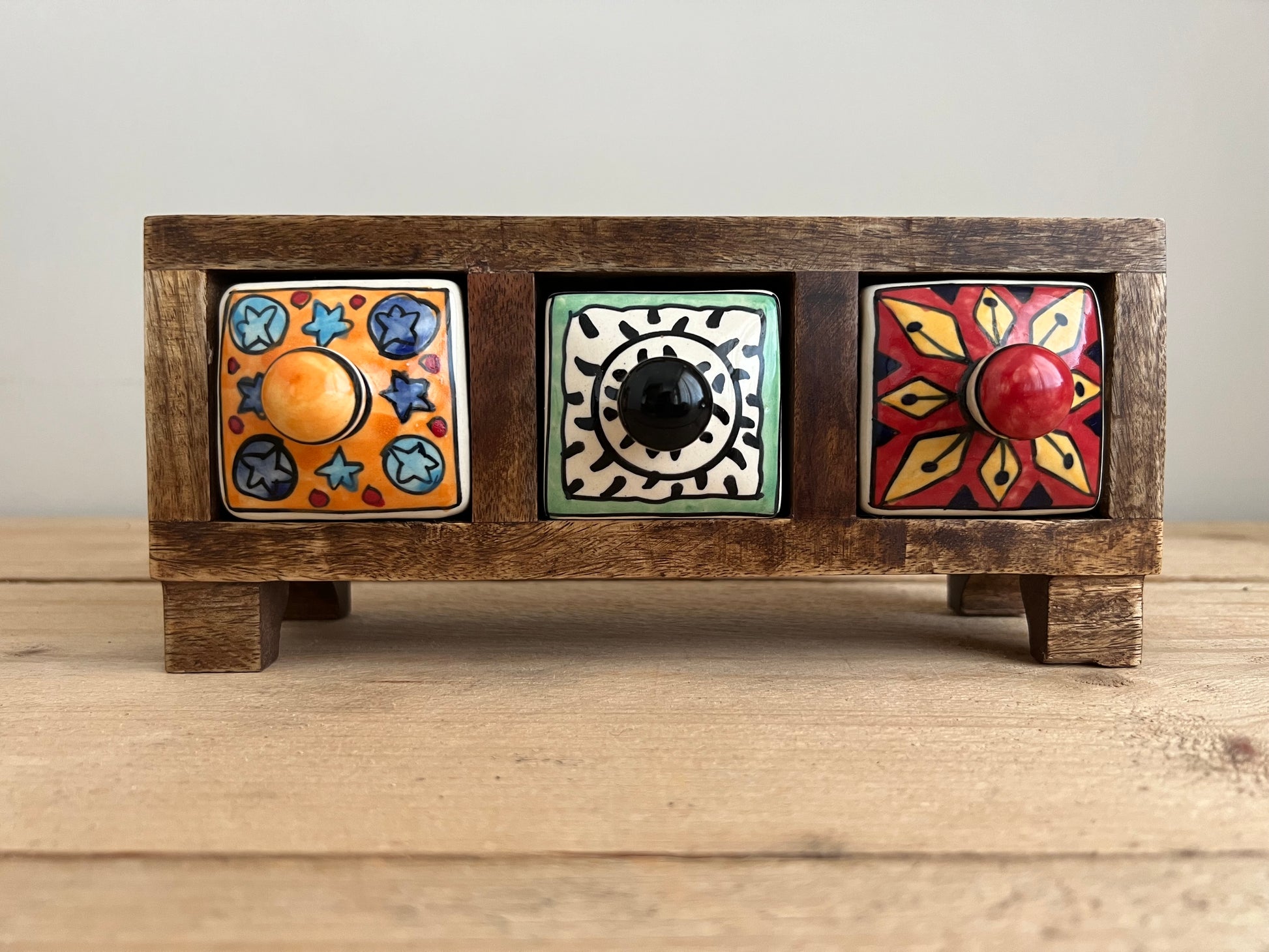 Handmade Fair Trade Three Drawer Mango Wodd Trinket Box Jewellery Box Ceramic Hand Painted Drawers