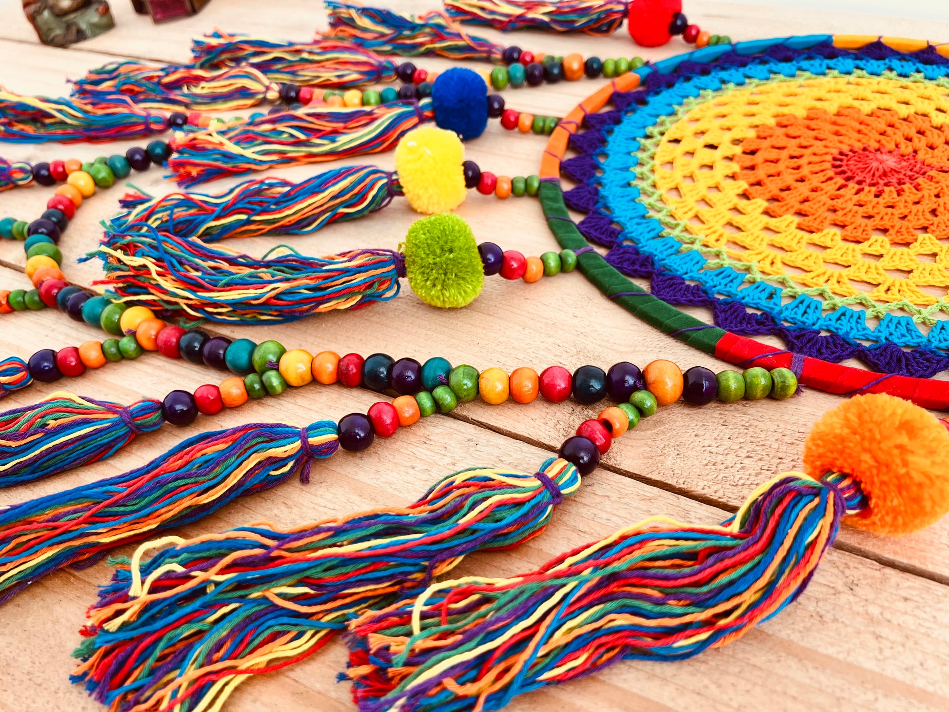 Large rainbow crochet dream catcher colourful pom pom beads dreamcatcher extra large long hanging boho hippie home decor dream catcher colourful vibrant rainbow living room, bedroom decor gift