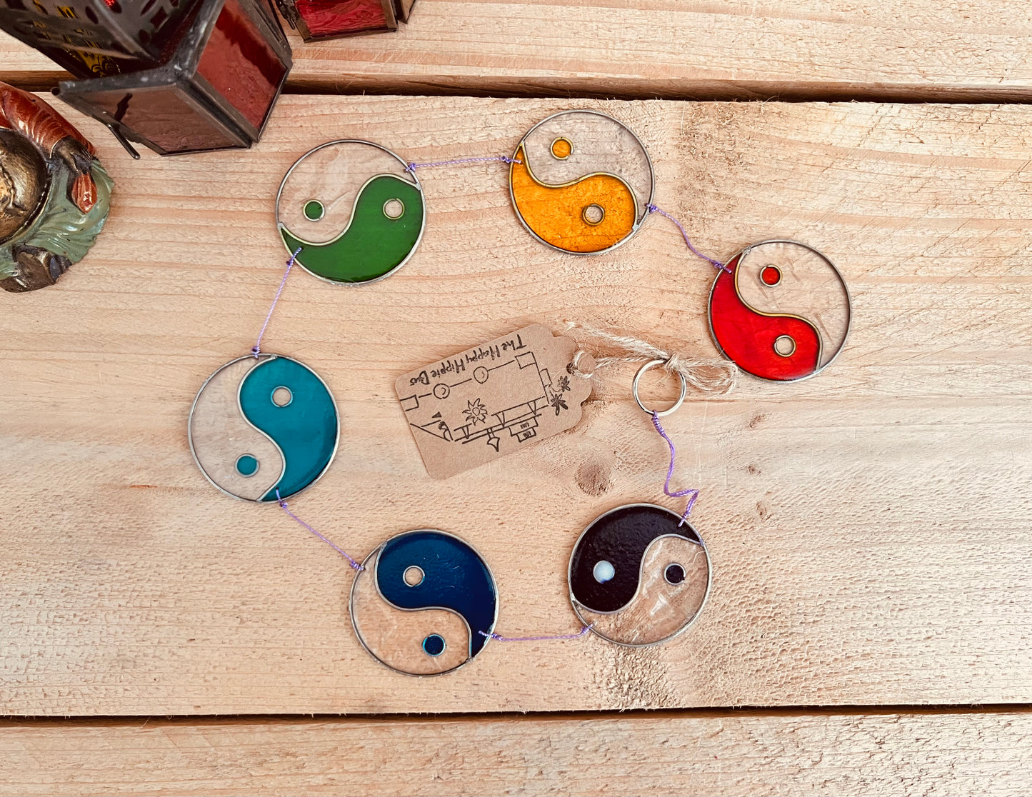 Handmade stained glass yin yang chakra sun catcher with colourful glass circles for spiritual home decor