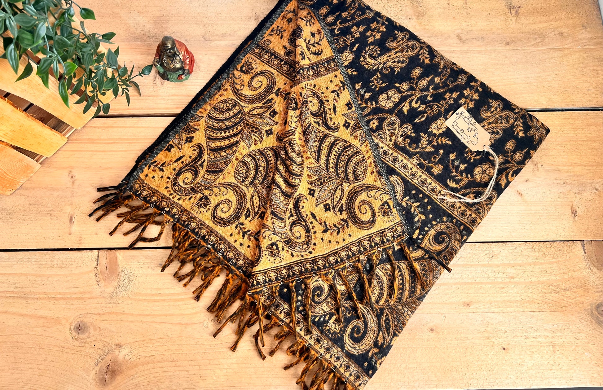 Black and gold patterned scarf with fringes handmade Indian blanket 