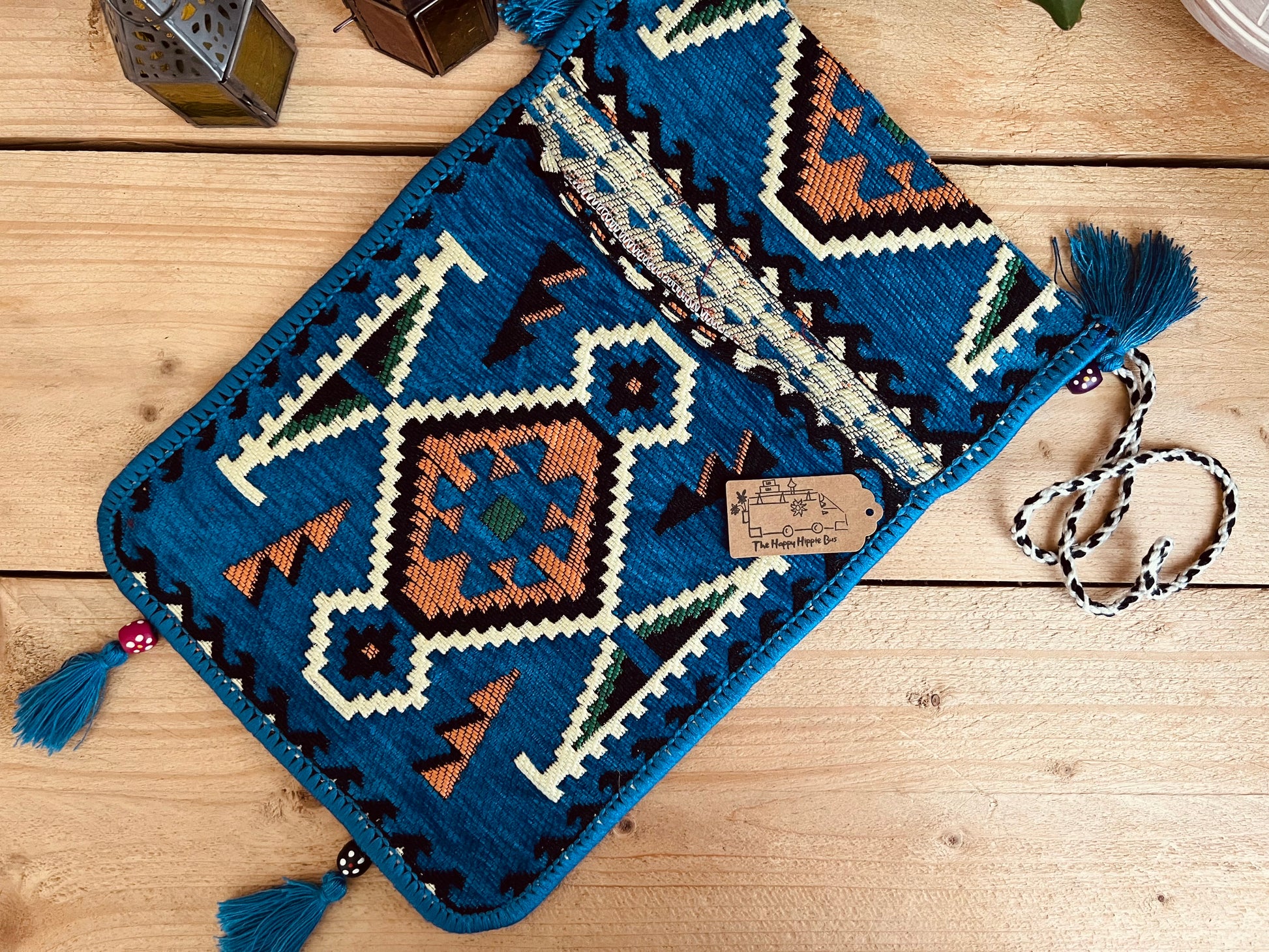 Handmade Fair Trade Turkish Kilim Shoulder Bag IN Sky Blue With a Black & White String Strap Flap Pocket Wooden Beads and Tassels Sky Blue