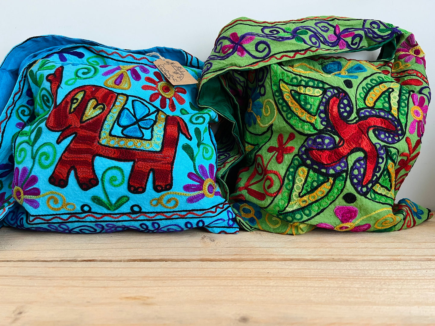 Handmade Fair Trade Hand Embroidered Elephant Hippie Shoulder Bag In Blue & Green Bohemian Festival Beach Bag 