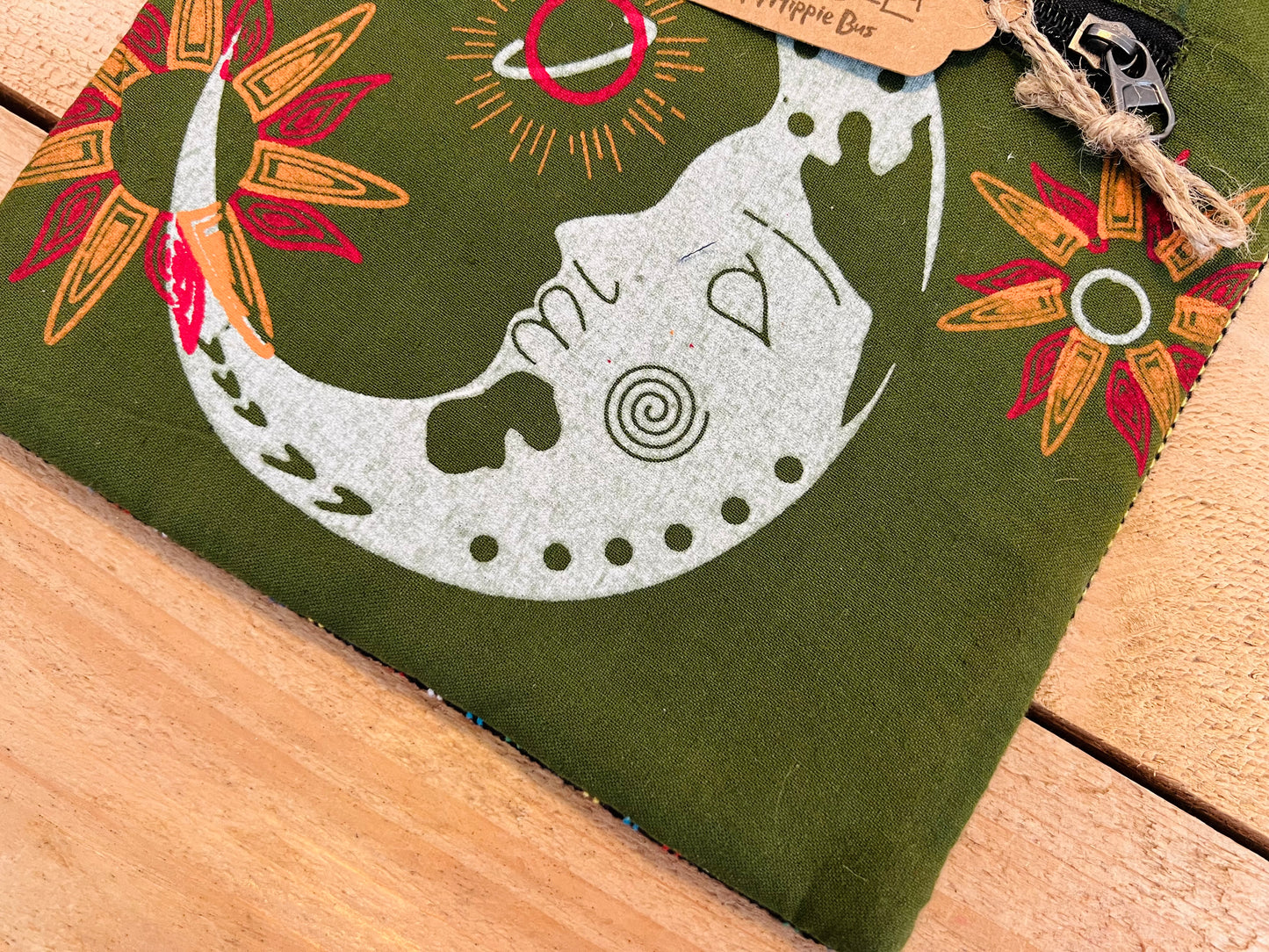 Handmade Forest Green Nepalese Cotton Moon Print Passport Crossbody Bag