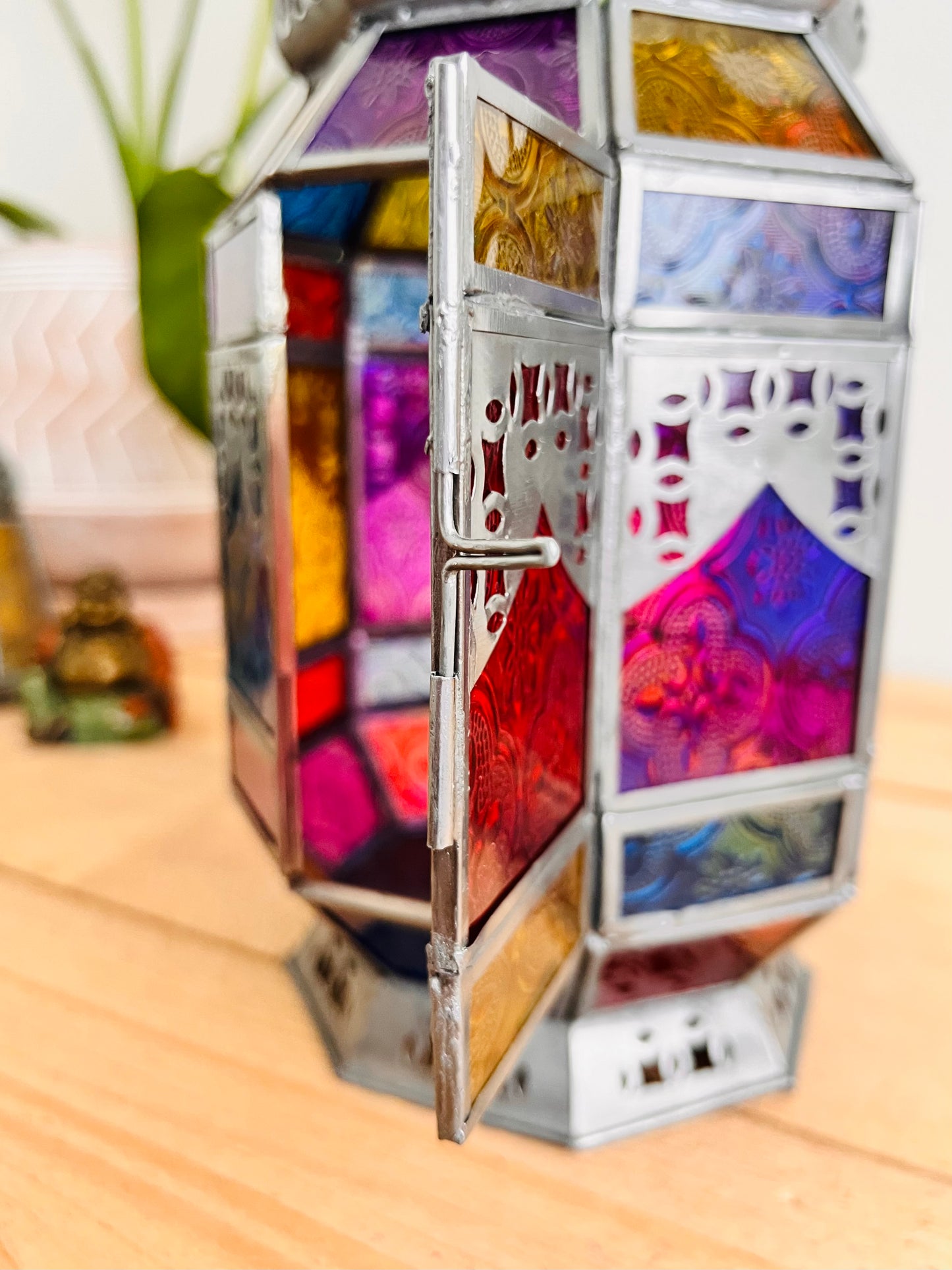 Large Moroccan Style stained glass lantern tea light metal candle holder fair trade handmade ethical lantern