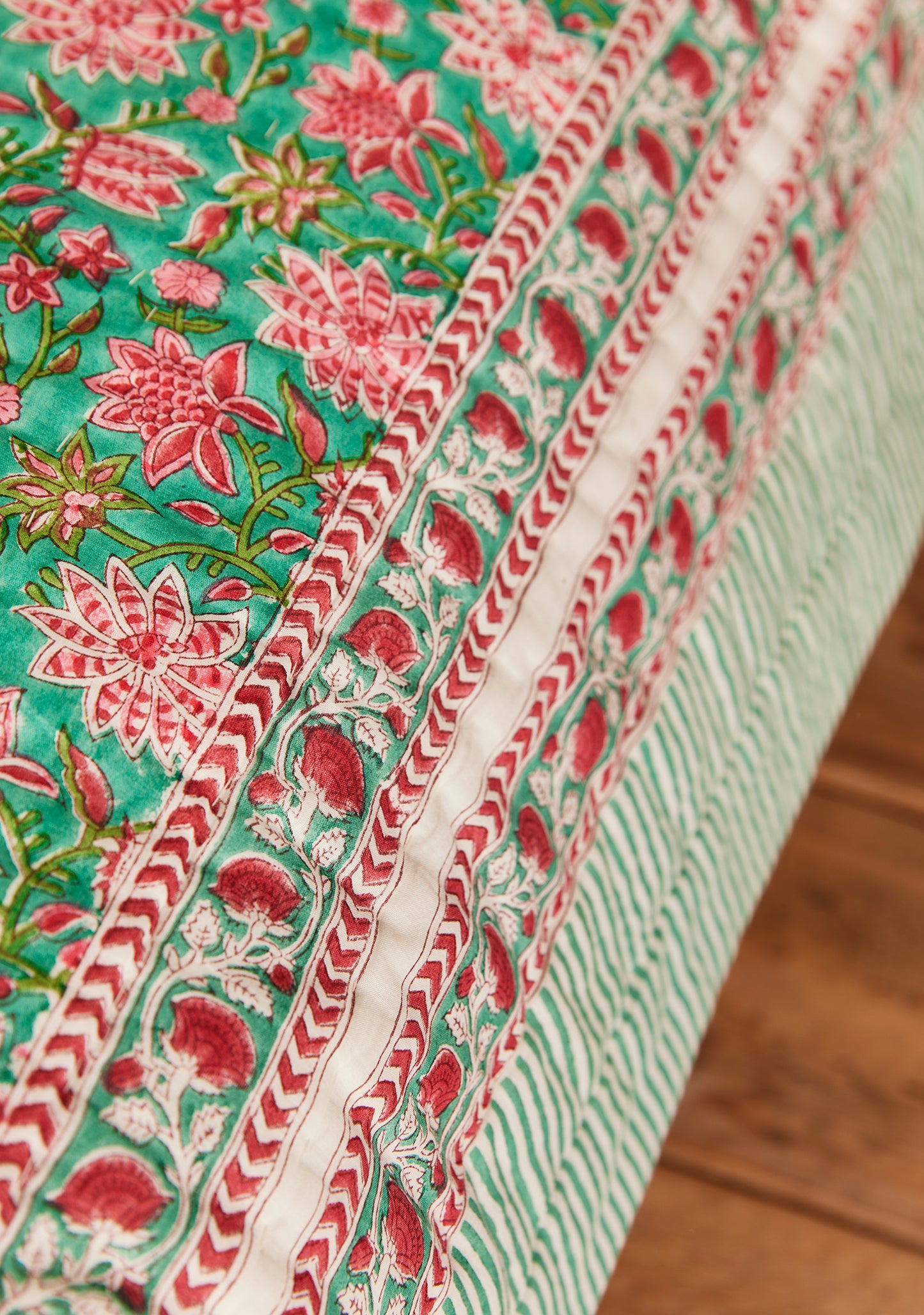 Handmade Fair Trade Ethically Sourced Bohemian Hippie Green Revers-able Bedspread  Green Pink Yellow Throw Blanket Qulit 