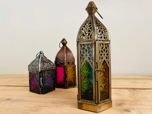 Handmade Fair Trade Gold Recycled Metal Moroccan Style Lantern Bohemian Hippie Home Ware Colourful Glass 