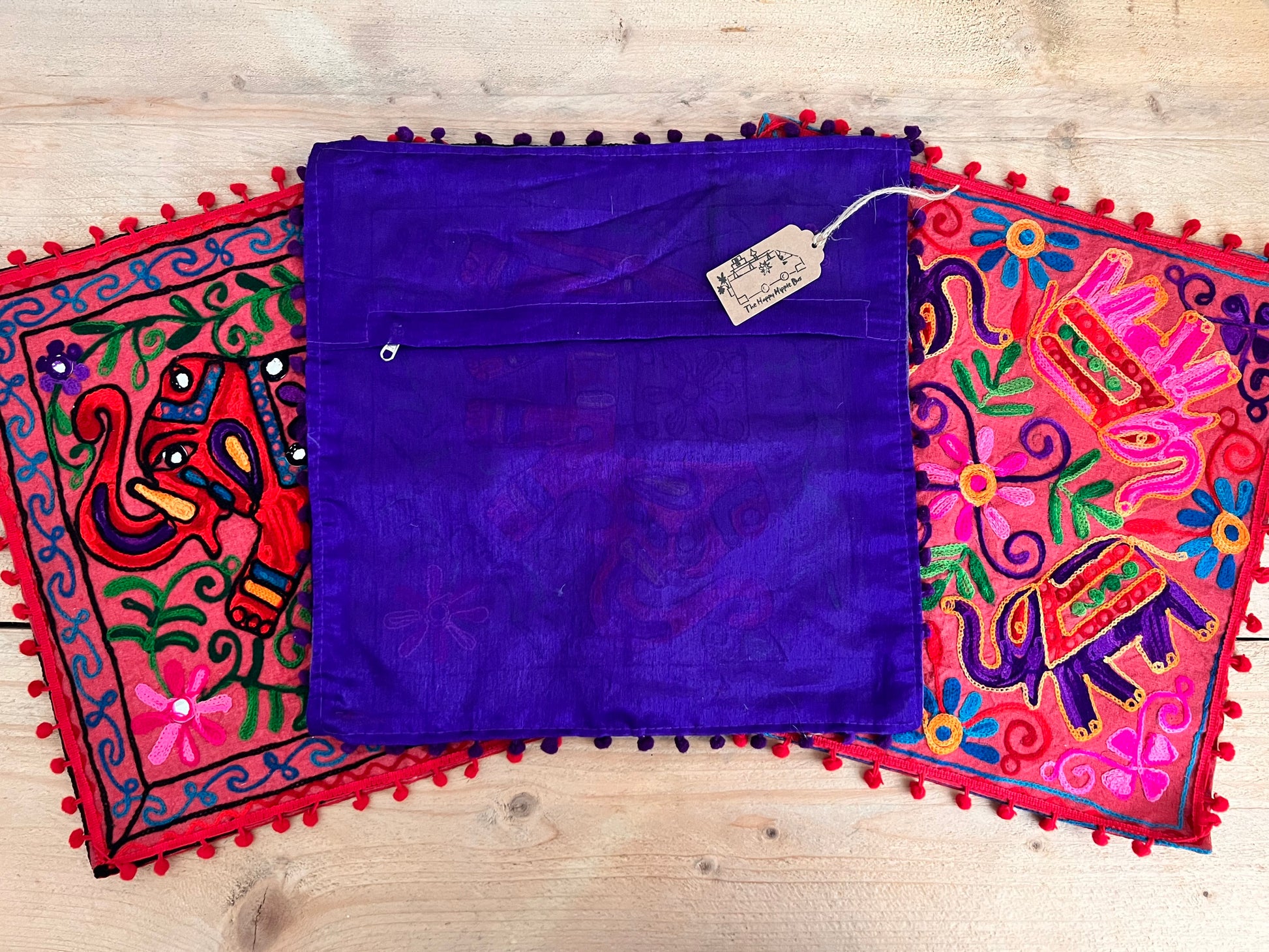 Handmade Embroidered Bohemian Elepahnt Pink Purple Hippie Cushion Cover With Pom Pom Edge Fair Trade Ethically Sourced Handmade