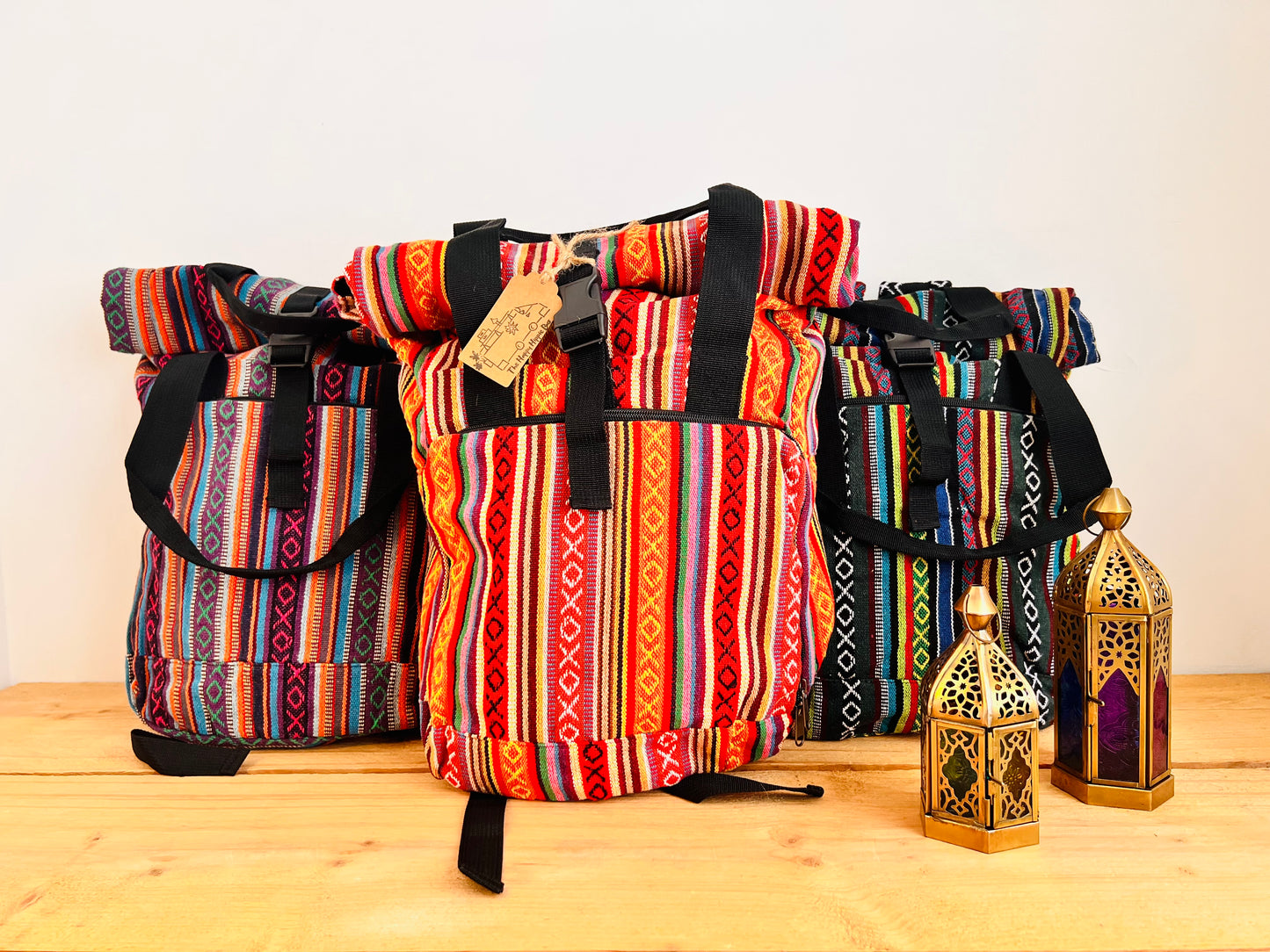 Roll Top Boho Strip Backpack