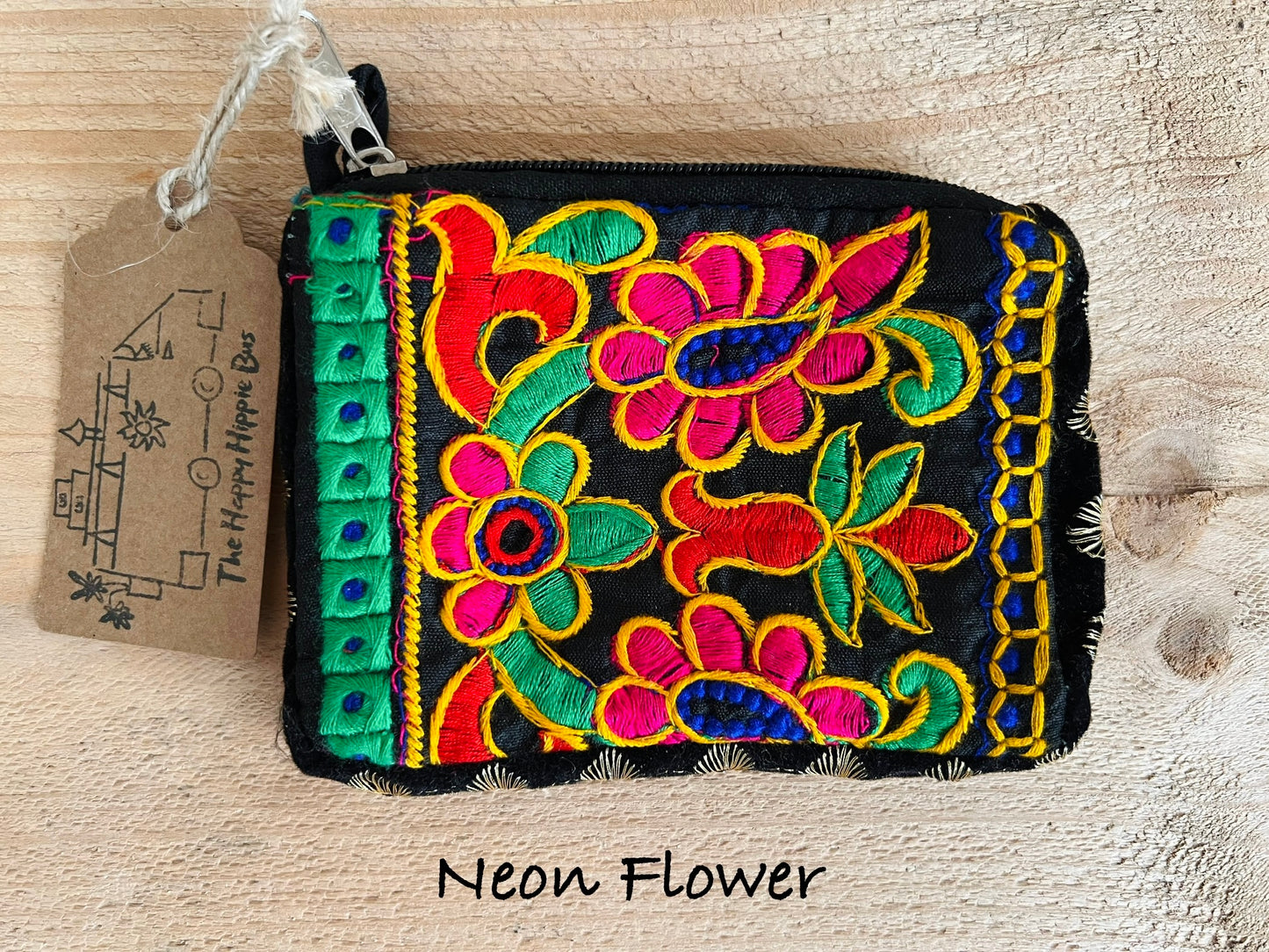 Handmade fair trade hippie bohemian coin purse floral black design 