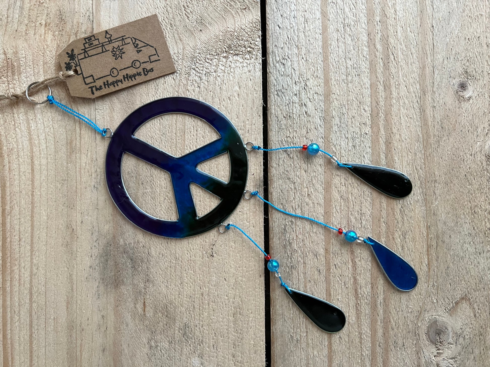 Handmade Fairtrade Hippie Bohemian Sun Catcher Window Decoration Navy Green Resin Peace Sign 