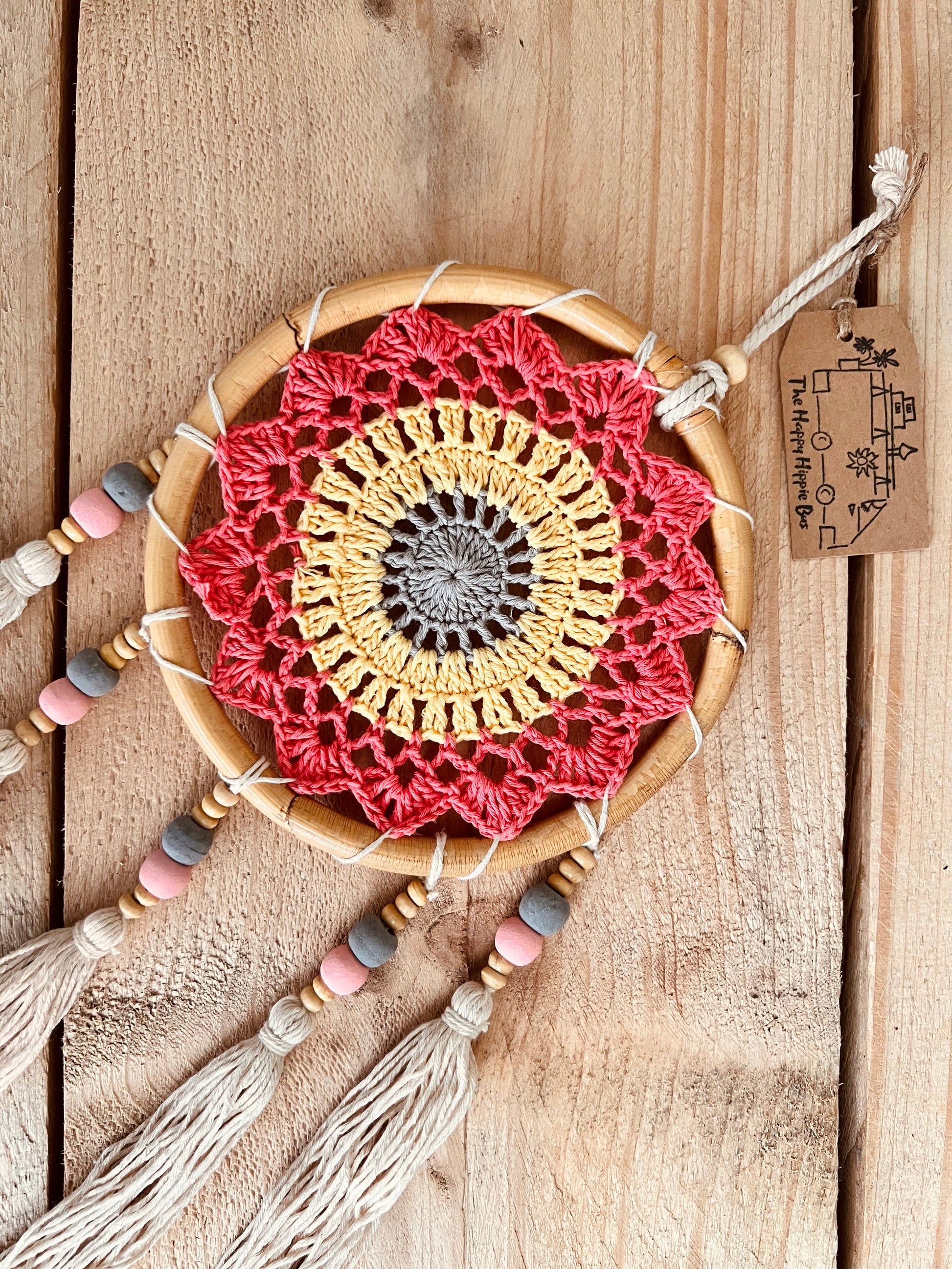 Handmade fair trade ethically sourced vegan crochet tassel bamboo dream catcher