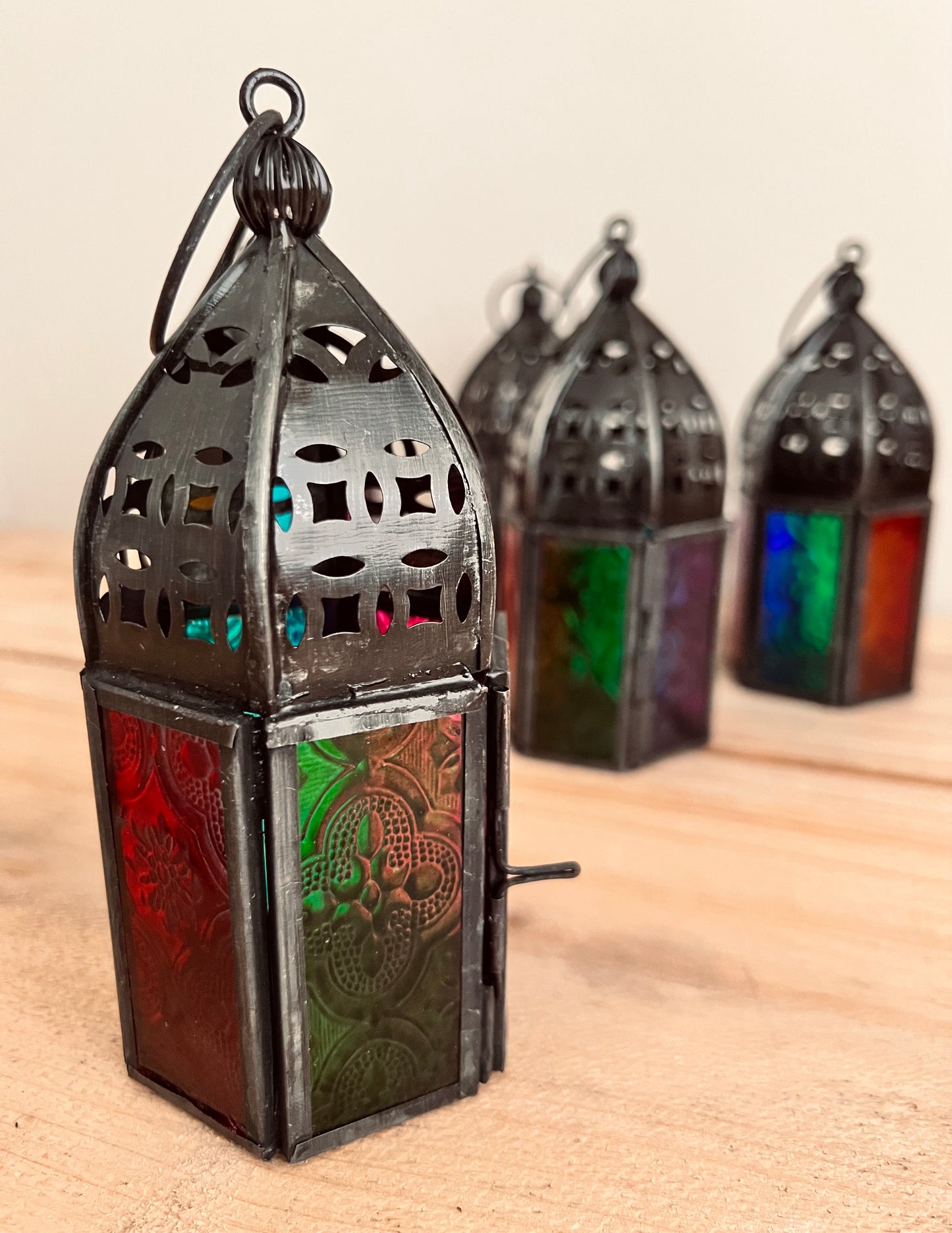 Handmade Fair Trade Moroccan Style Lantern with Multi Coloured Glass Bohemian Hippie T Light Holder 