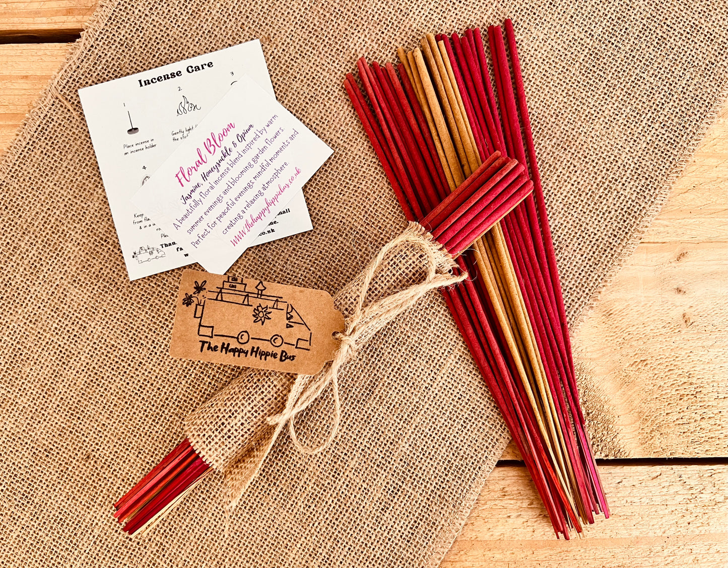 Summer Scented Incense Sticks Floral Bloom Jasmine, Honeysuckle, Opium Incense Bundle Plastic Free Hessian Wrapped