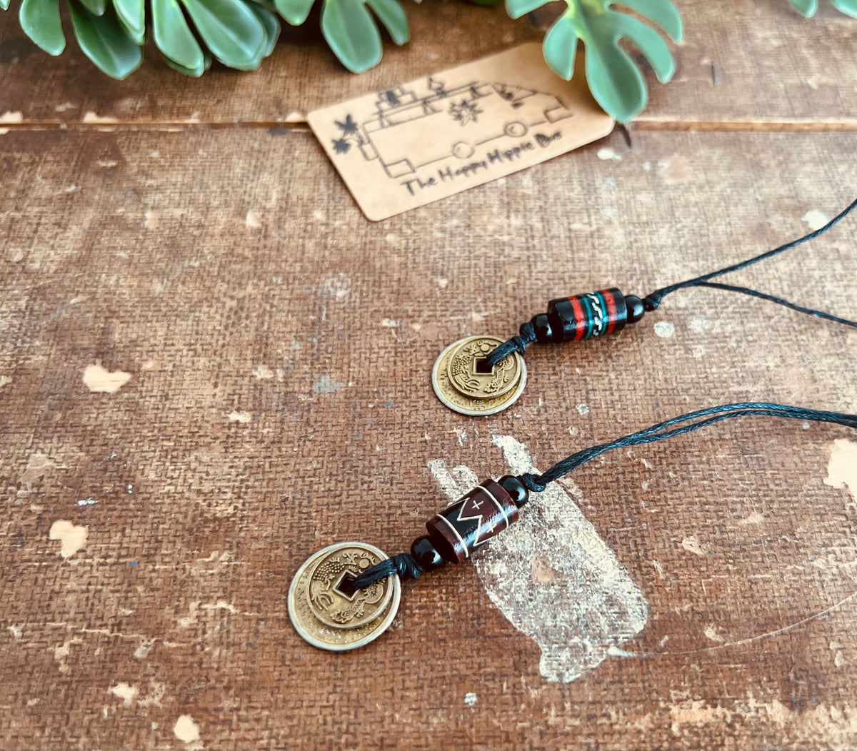 Good Fortune Coin & Tribal Boho Bead Cord Necklace
