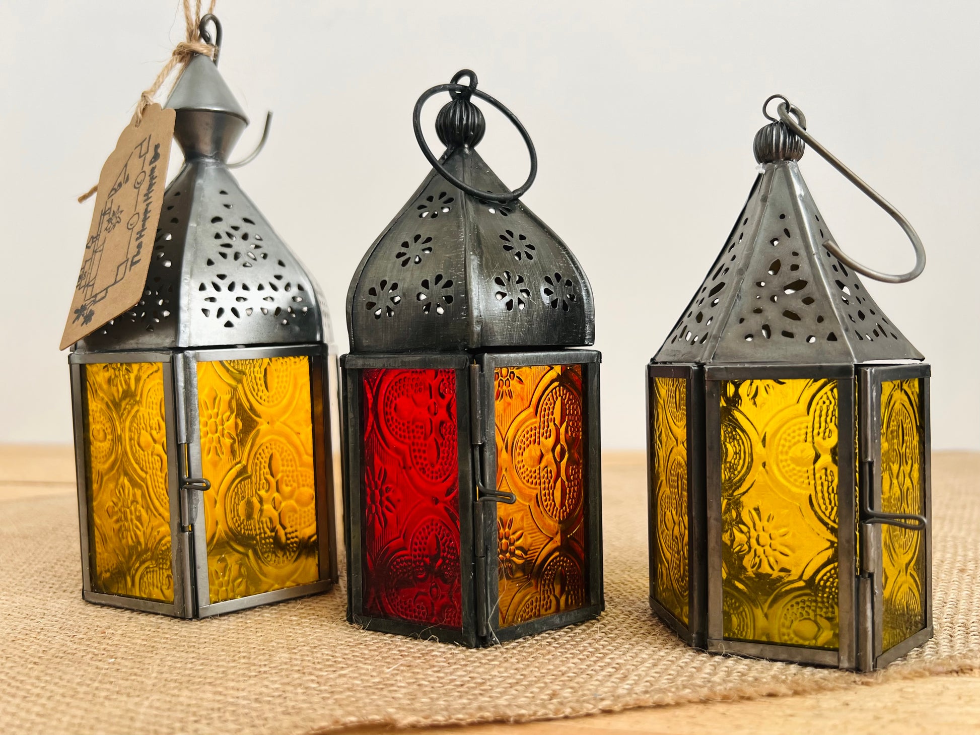 Handmade Fair Trade Ethically Sourced Bohemian Moroccan Style Lantern T Light Holder Set Of Three Yellow Orange 