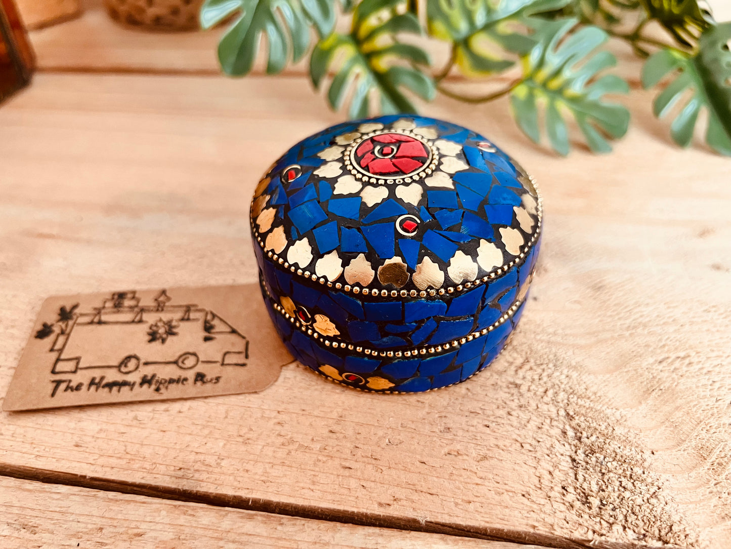 Handmade mosaic trinket boxes with lids removed, nesting metal storage boxes