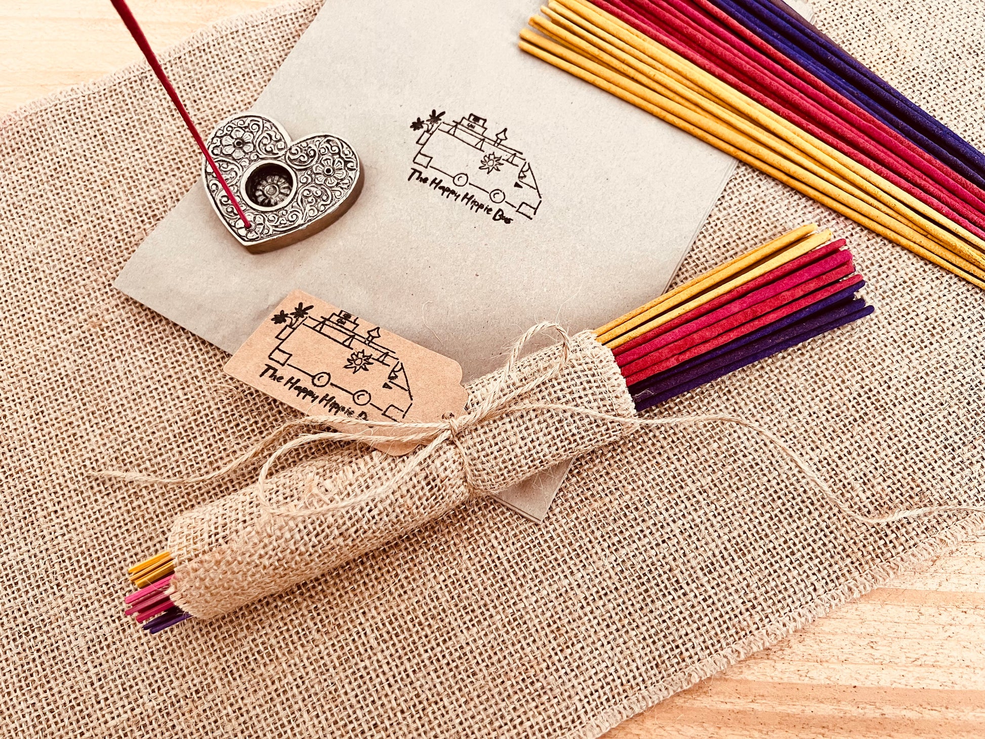 30 Vibrantly colourful summer mix incense sticks, handmade plastic free eco friendly environmentally conscious sustainable incense sticks for home in the summer time, yellow, Purple, pink incense sticks wrapped in hessian burlap wrap, fair trade and ethically sourced summer home fragrance incense