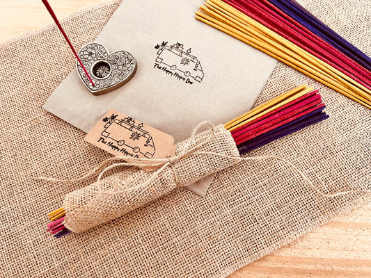 30 Vibrantly colourful summer mix incense sticks, handmade plastic free eco friendly environmentally conscious sustainable incense sticks for home in the summer time, yellow, Purple, pink incense sticks wrapped in hessian burlap wrap, fair trade and ethically sourced summer home fragrance incense