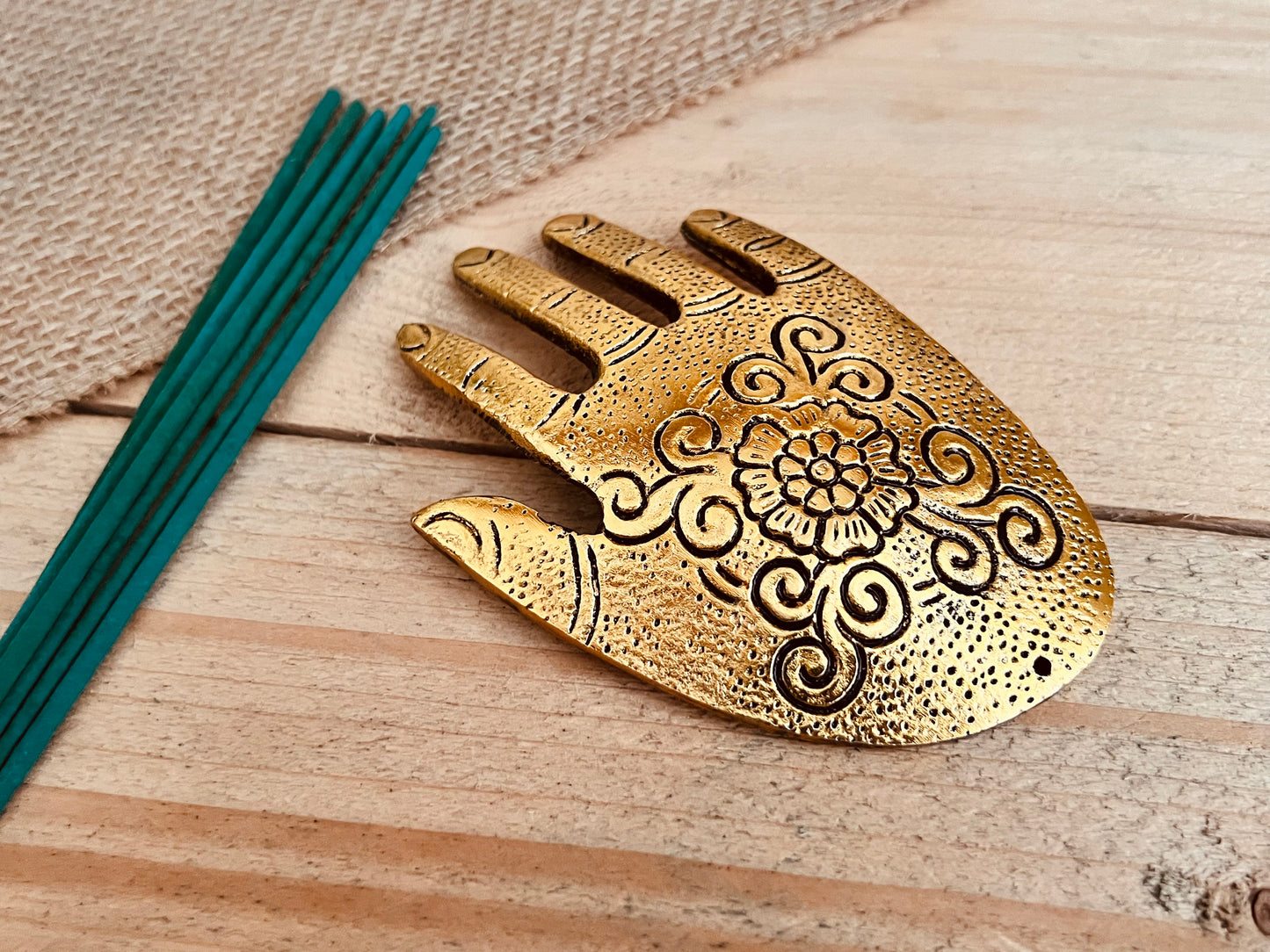 Handmade & Fair Trade Hamsa Hand Incense Holder Gold Ash Catcher Incense Stick Holder