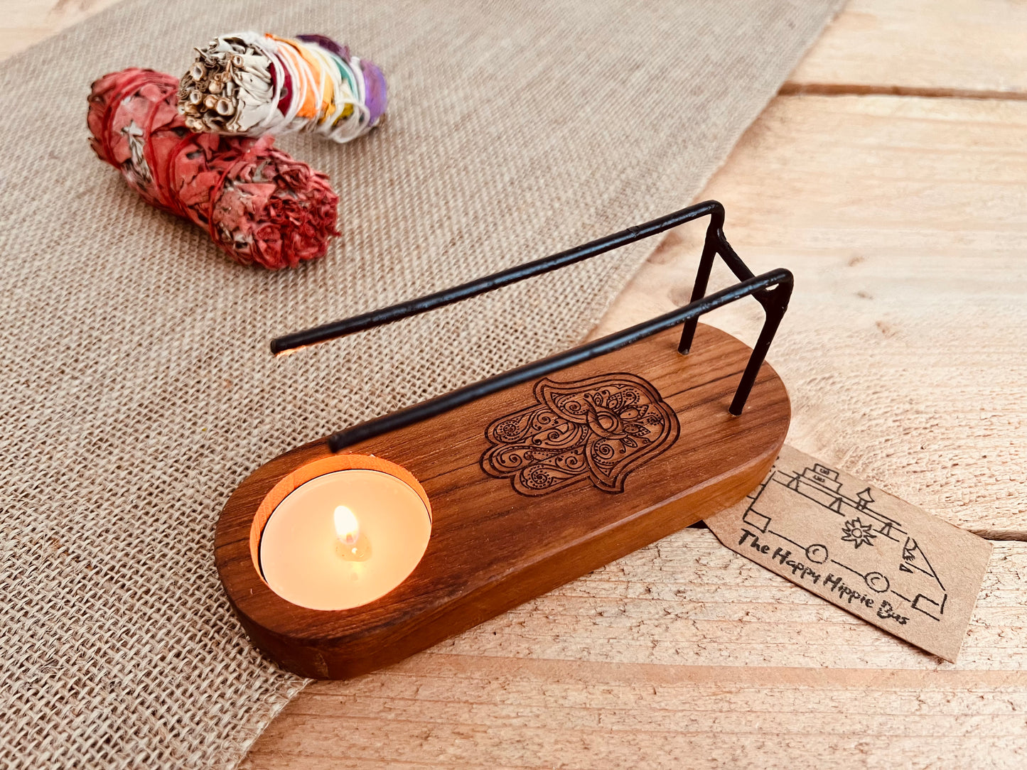 Teak wood Palo Santo smudge stick heater, hamsa hand design wooden incense heater, purifying, cleansing home fragrance 