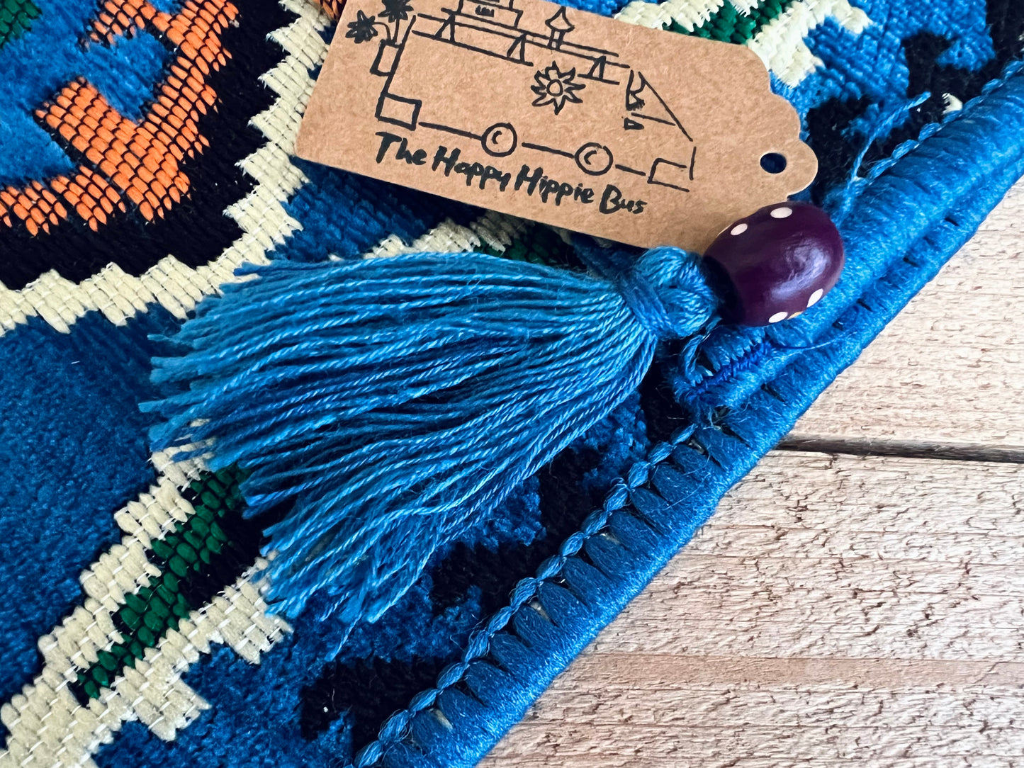 Handmade Fair Trade Turkish Kilim Shoulder Bag IN Sky Blue With a Black & White String Strap Flap Pocket Wooden Beads and Tassels Sky Blue