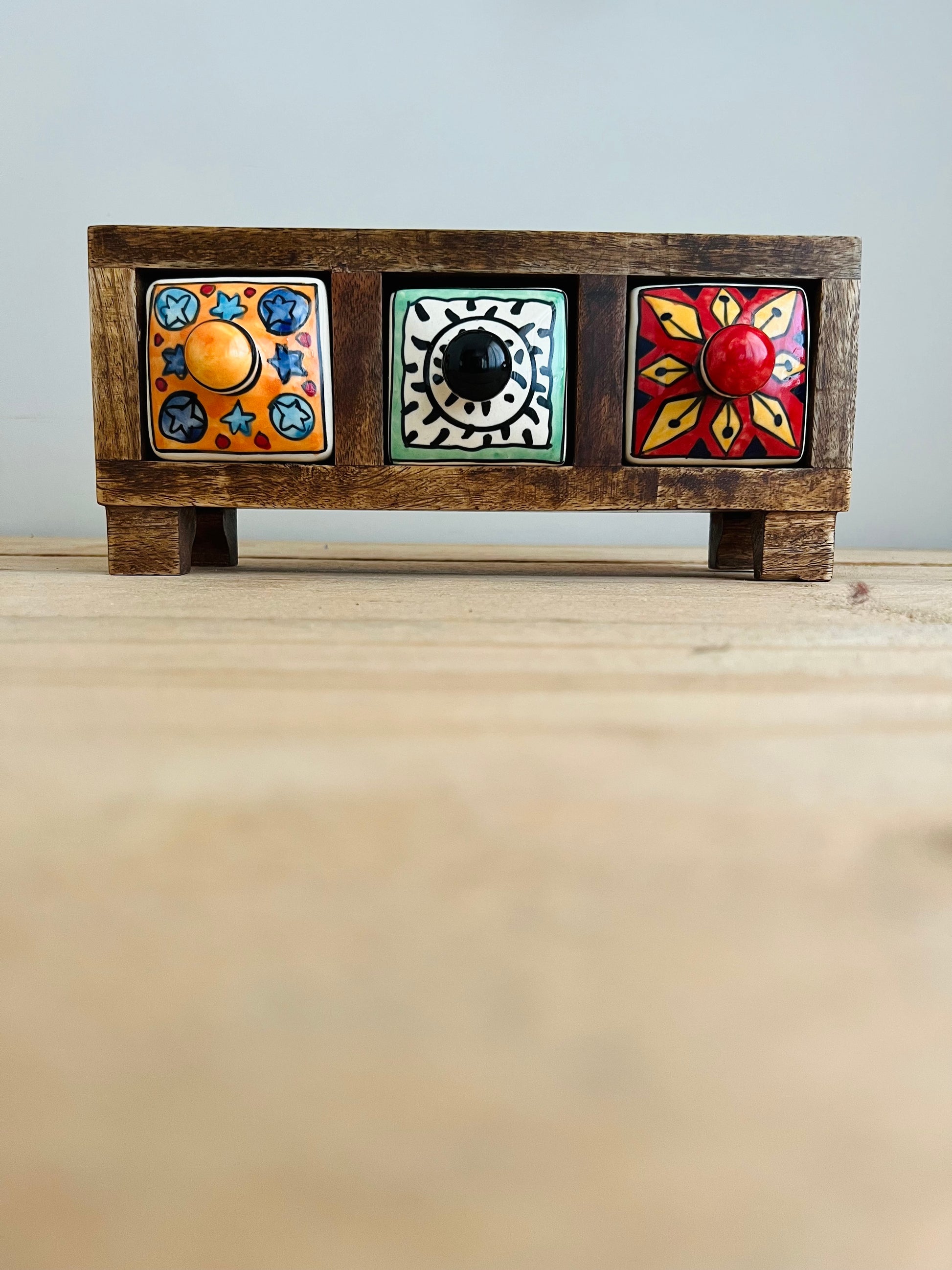 Handmade Fair Trade Three Drawer Mango Wodd Trinket Box Jewellery Box Ceramic Hand Painted Drawers