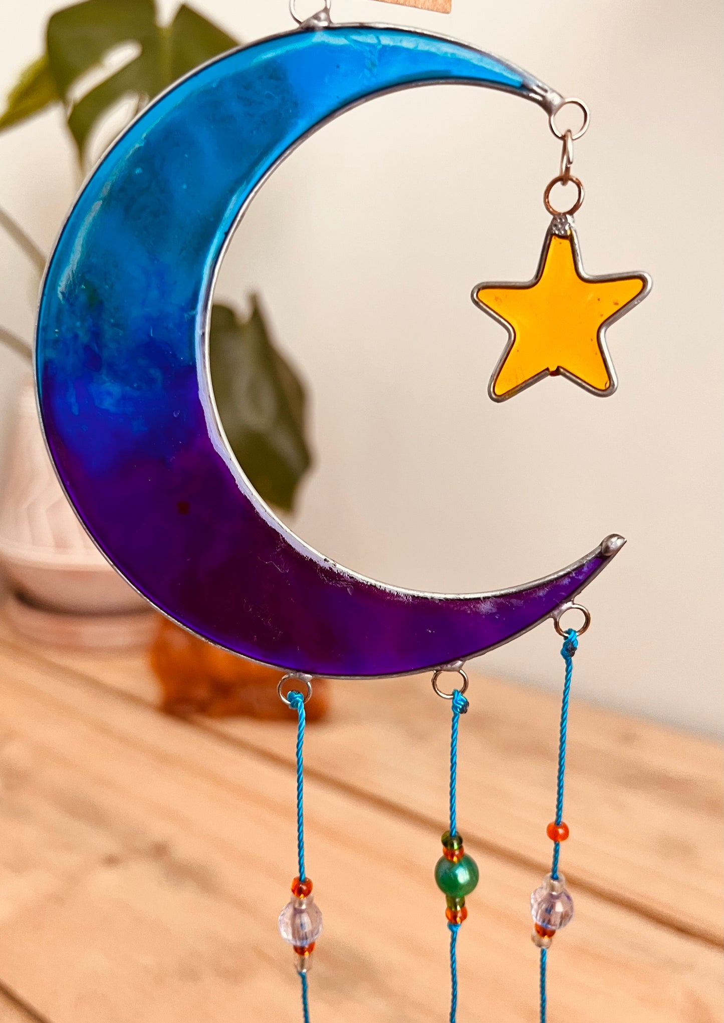 Crescent Moon and star blue sun catcher suncatcher hanging window decoration stained glass colourful hanging decoration handmade fair trade and ethically sourced