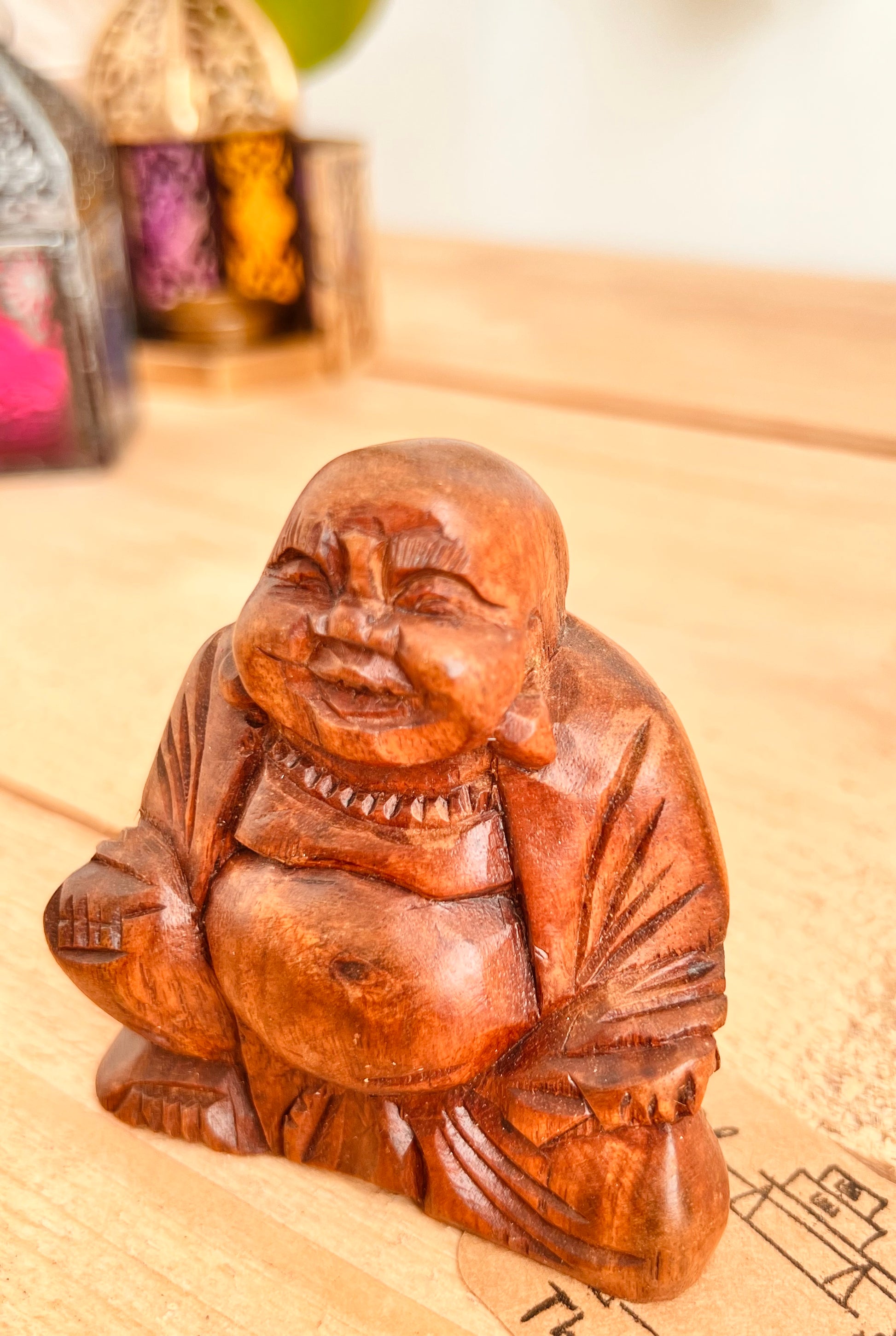 Handmade fair trade carved wooden mini Buddha statue ornament, boho hippie home decor laughing good luck spiritual Buddha home decor mini statue 