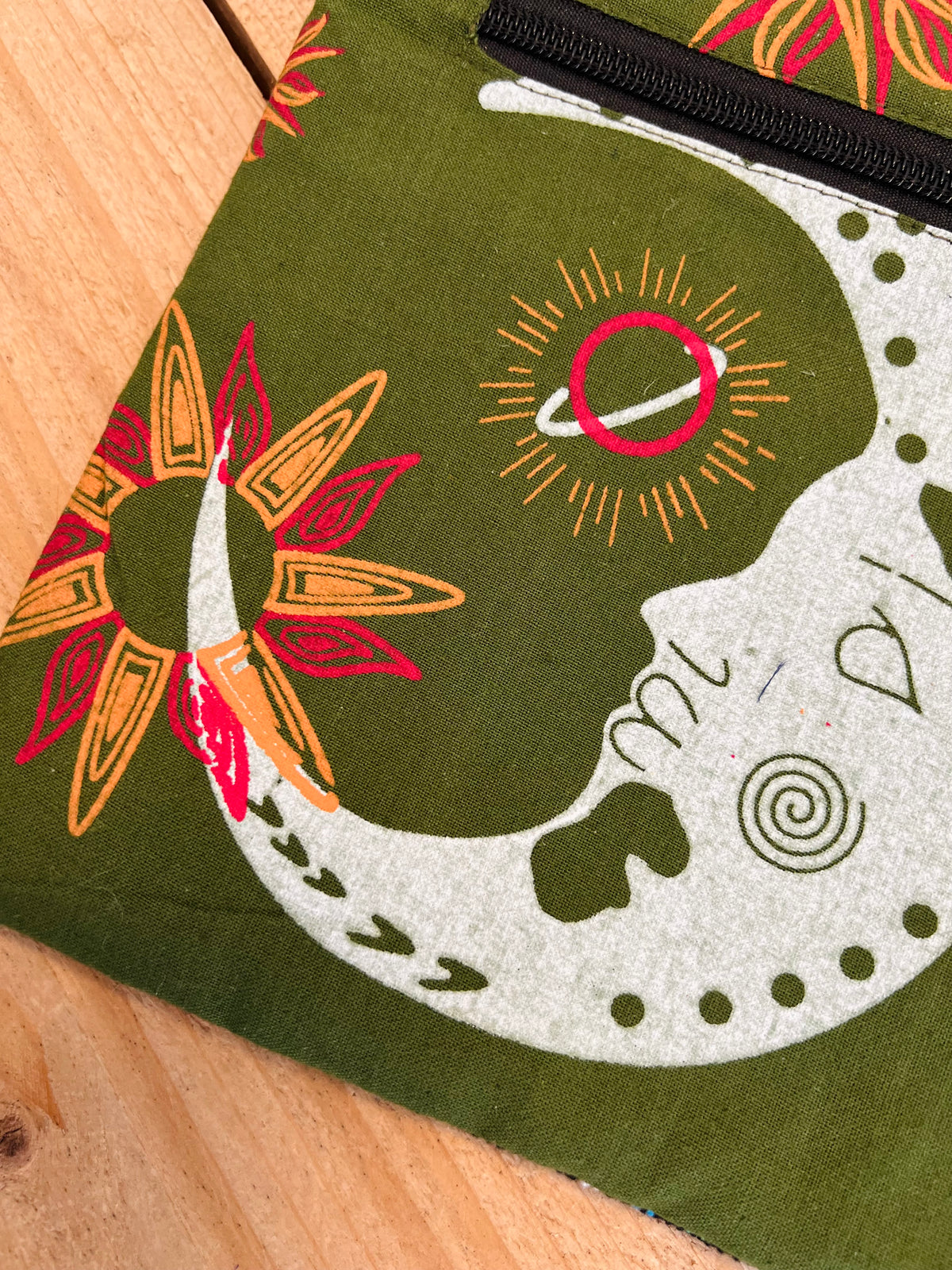Handmade Forest Green Nepalese Cotton Moon Print Passport Crossbody Bag