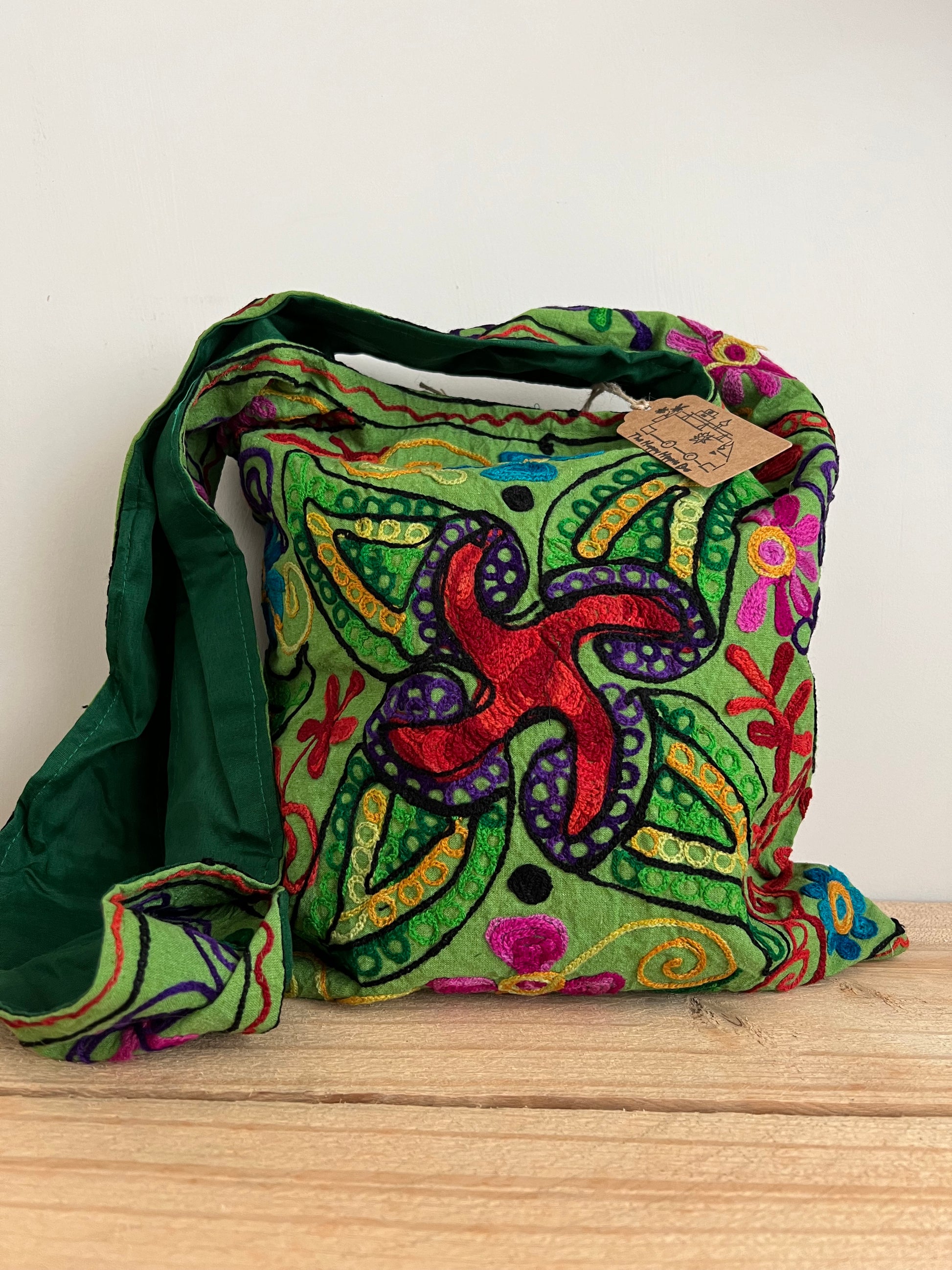 Handmade Fair Trade Hand Embroidered Elephant Hippie Shoulder Bag In Blue & Green Bohemian Festival Beach Bag 