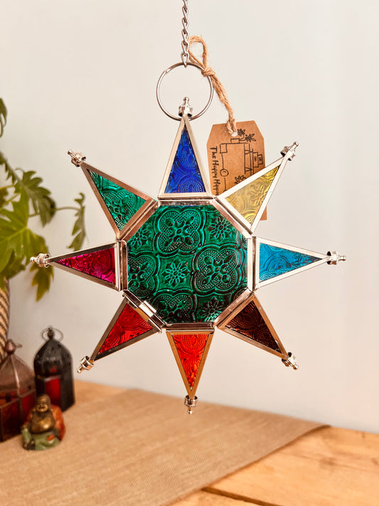 Hanging star tea light t light candle holder green glass hanging Moroccan candle lantern, handmade, fair trade & ethical boho hippie home decor 