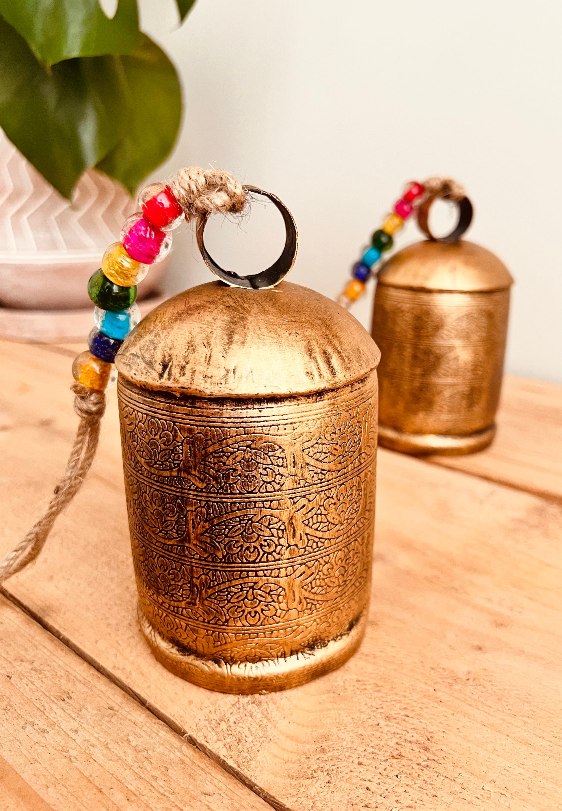 Large Rustic Hanging Gold Indian Cow Bell Handmade Fair Trade Gold Glass Beads Bohemian Hippie