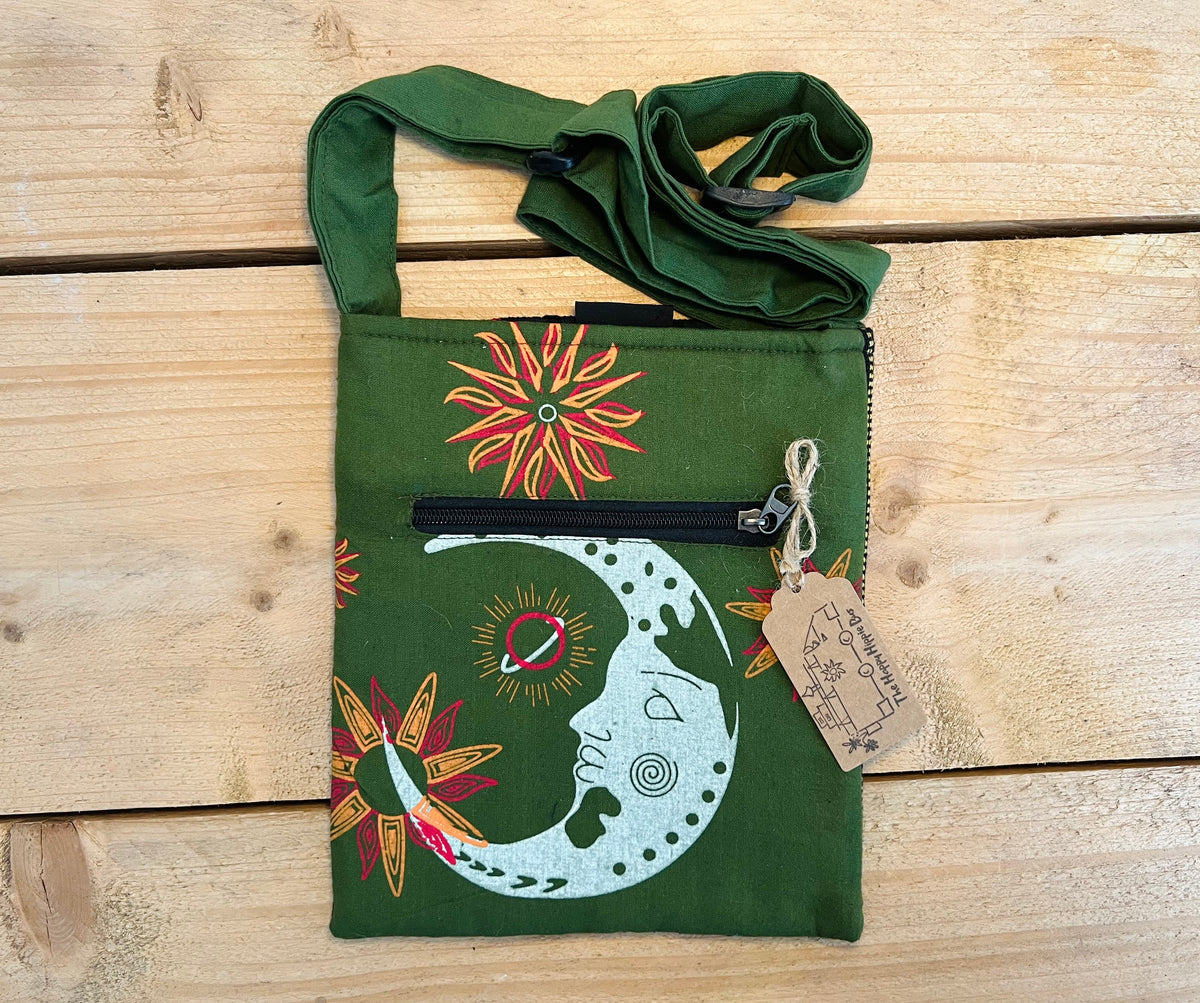 Handmade Forest Green Nepalese Cotton Moon Print Passport Crossbody Bag