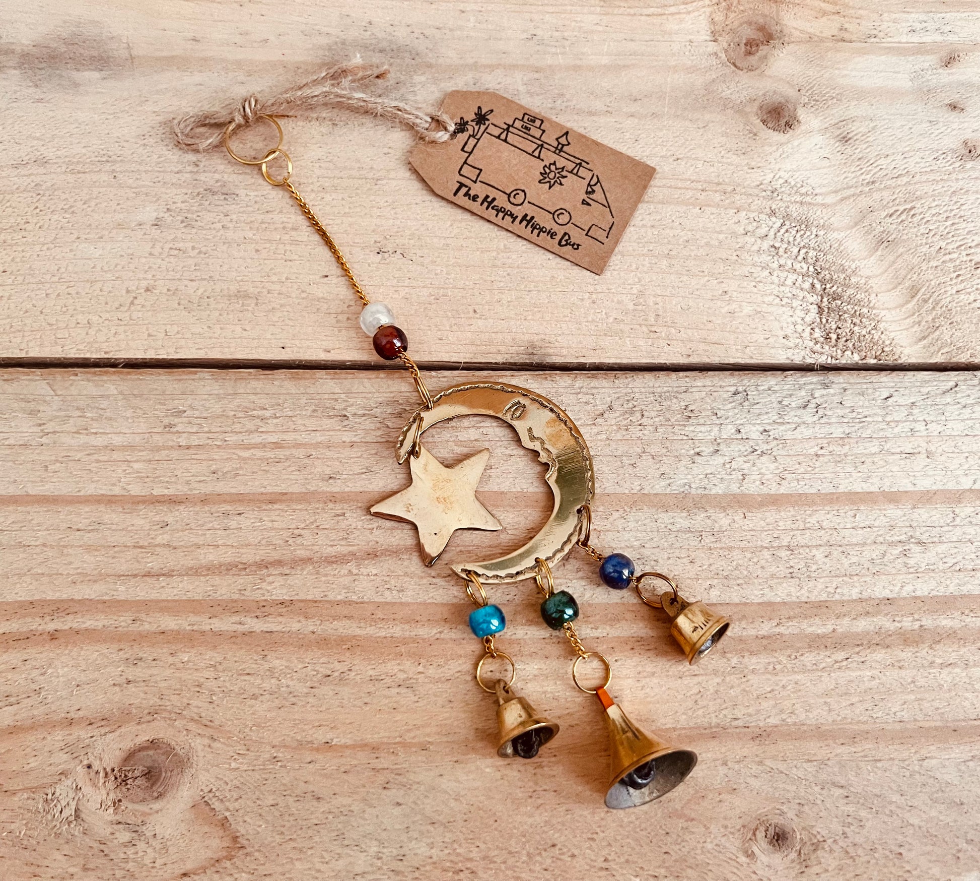 Small crescent moon and star brass bell small fair trade handmade ethically sourced wind chime