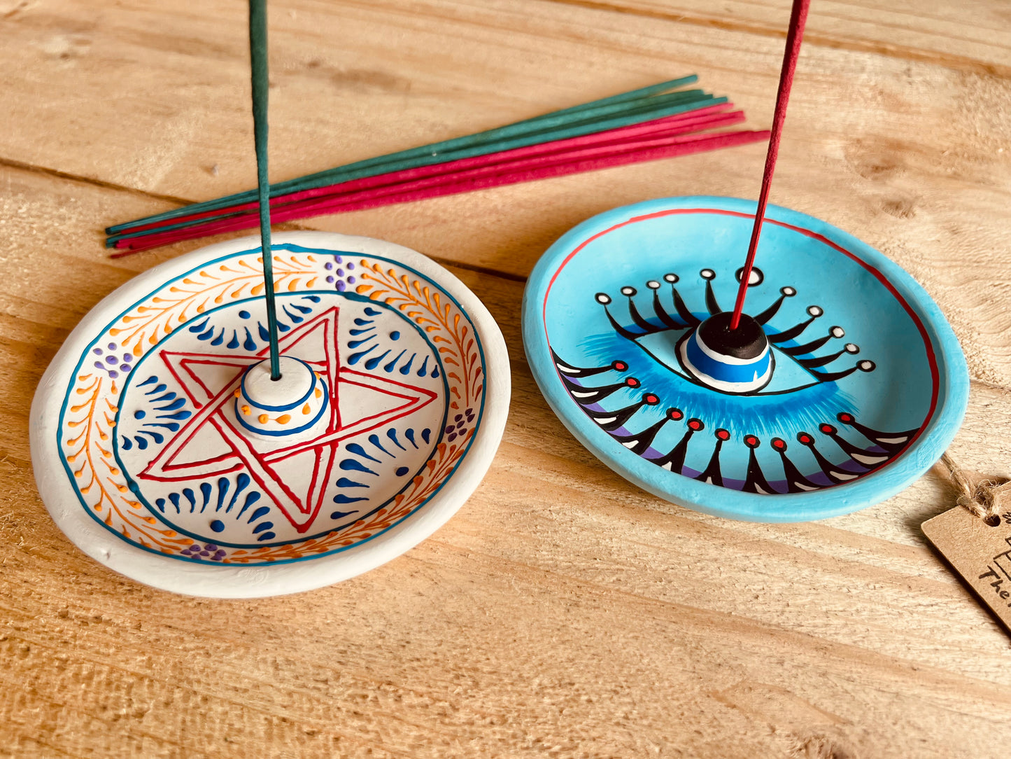 Round Clay Indian incense holder burner plate hand painted pentagram design incense tray white multicoloured painted design handmade fair trade ethically sourced 