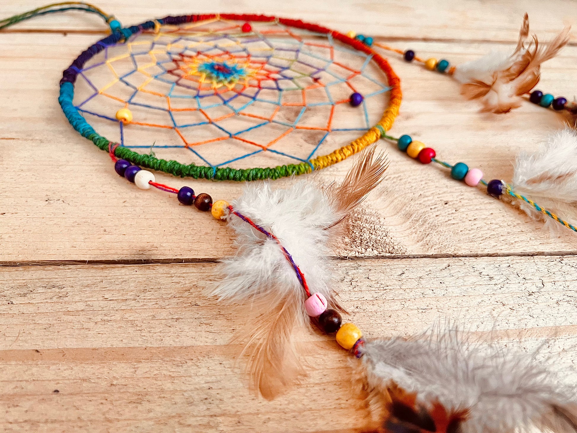 Dreamcatcher with feathers dream catcher handmade fair trade rainbow hemp dreamcatcher, ethical boho hippie home decor bedroom dreamcatcher in multicolours