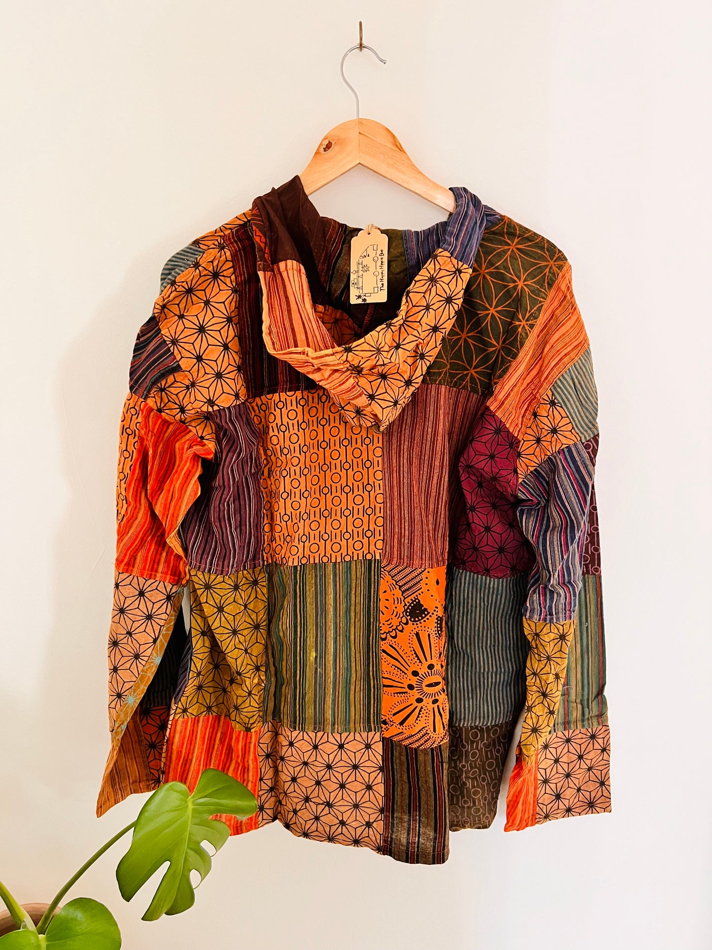 Handmade fair trade ethical fashion hippie boho brown rust orange patchwork festival hoodie 