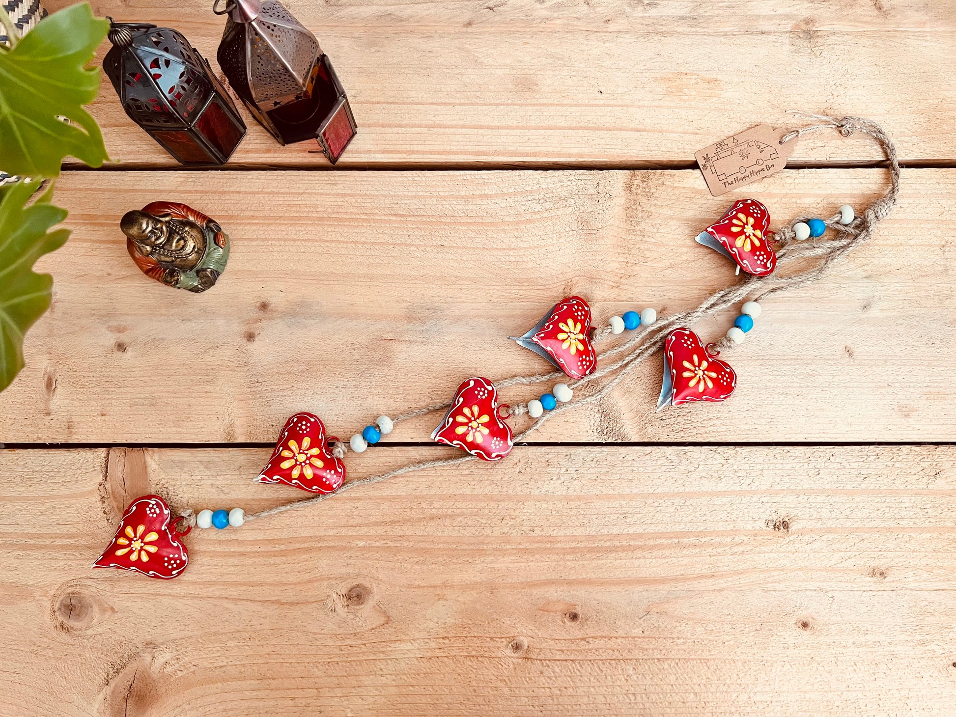 Hand painted red & yellow heart shaped metal bells wind chime on jute twine with glass beads, hanging home living decor bells chime, handmade, fair trade, ethically sourced string of Indian bells