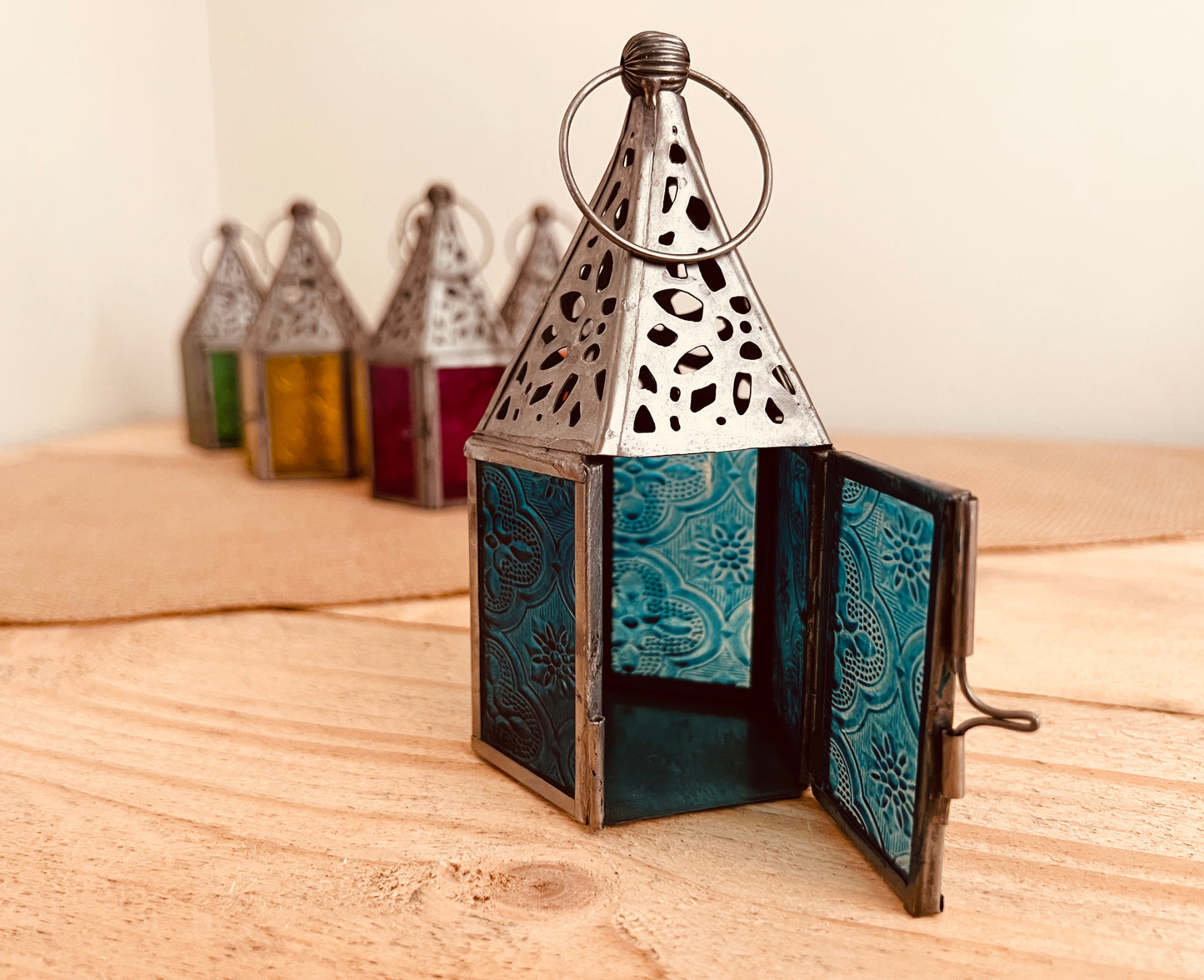 Mini stained glass Moroccan lantern tea light candle holder handmade fair trade small metal glass lantern 