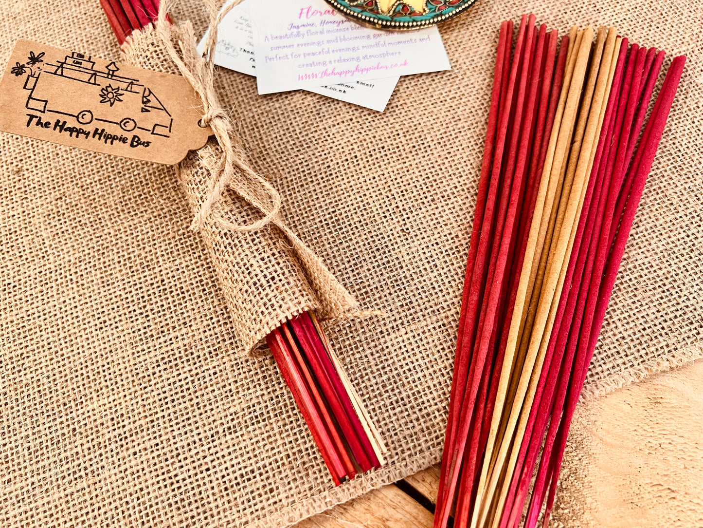Summer Scented Incense Sticks Floral Bloom Jasmine, Honeysuckle, Opium Incense Bundle Plastic Free Hessian Wrapped