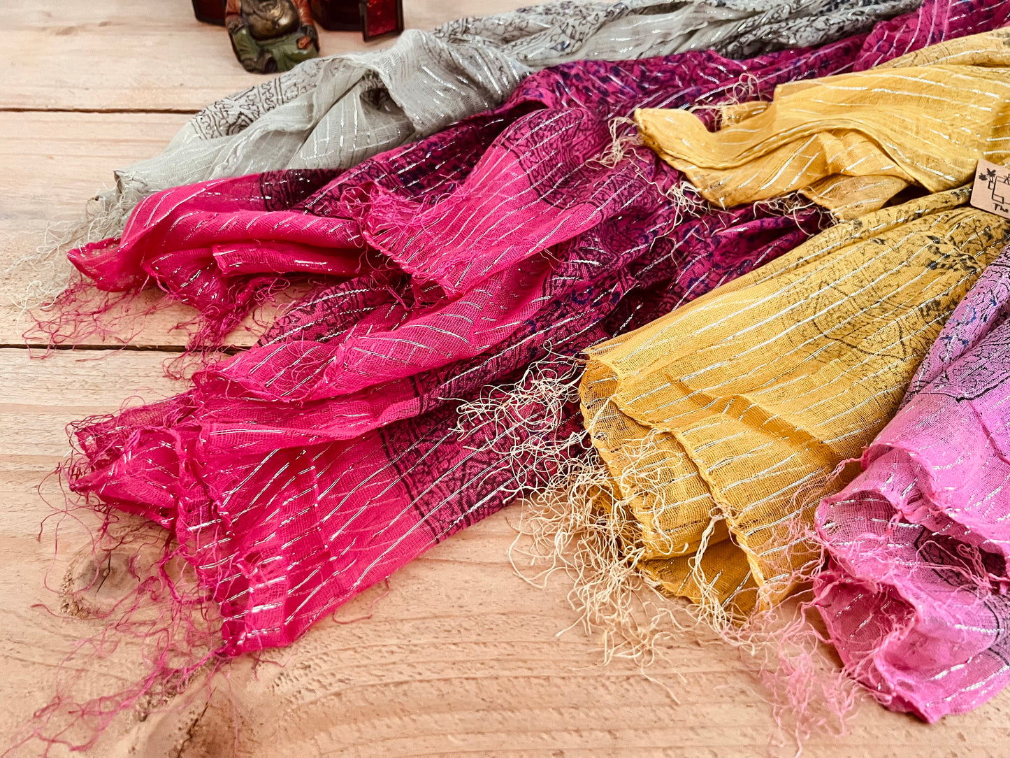 Colourful Handmade lightweight boho ethnic print scarf with silver lurex thread, soft lightweight shawl scarves with tassel edge, boho hippie chic accessories 