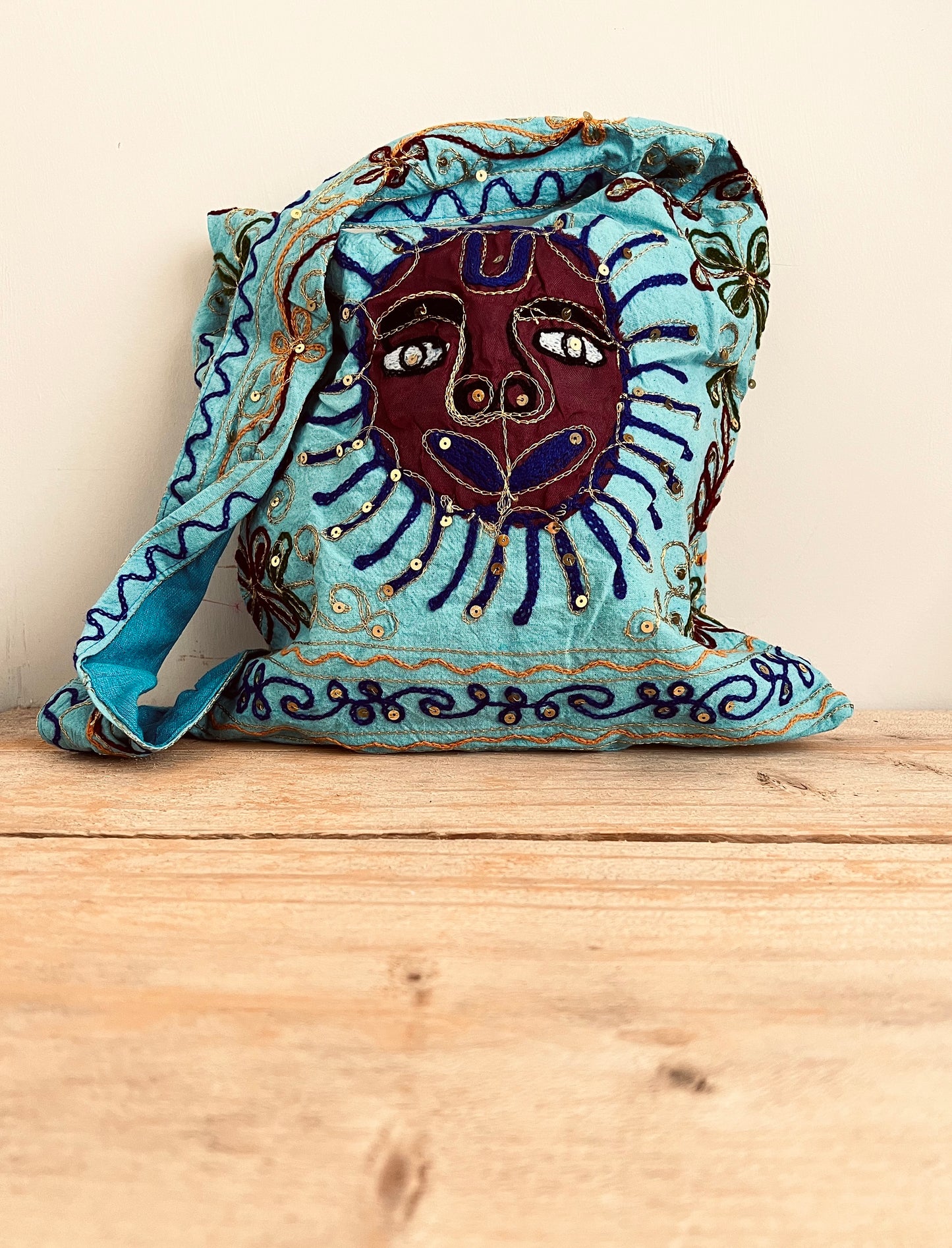 Handmade Fair Trade Hand Embroidered Smiling Indian Sun Shoulder Bag Festival Travel Bohemian Bag Blue