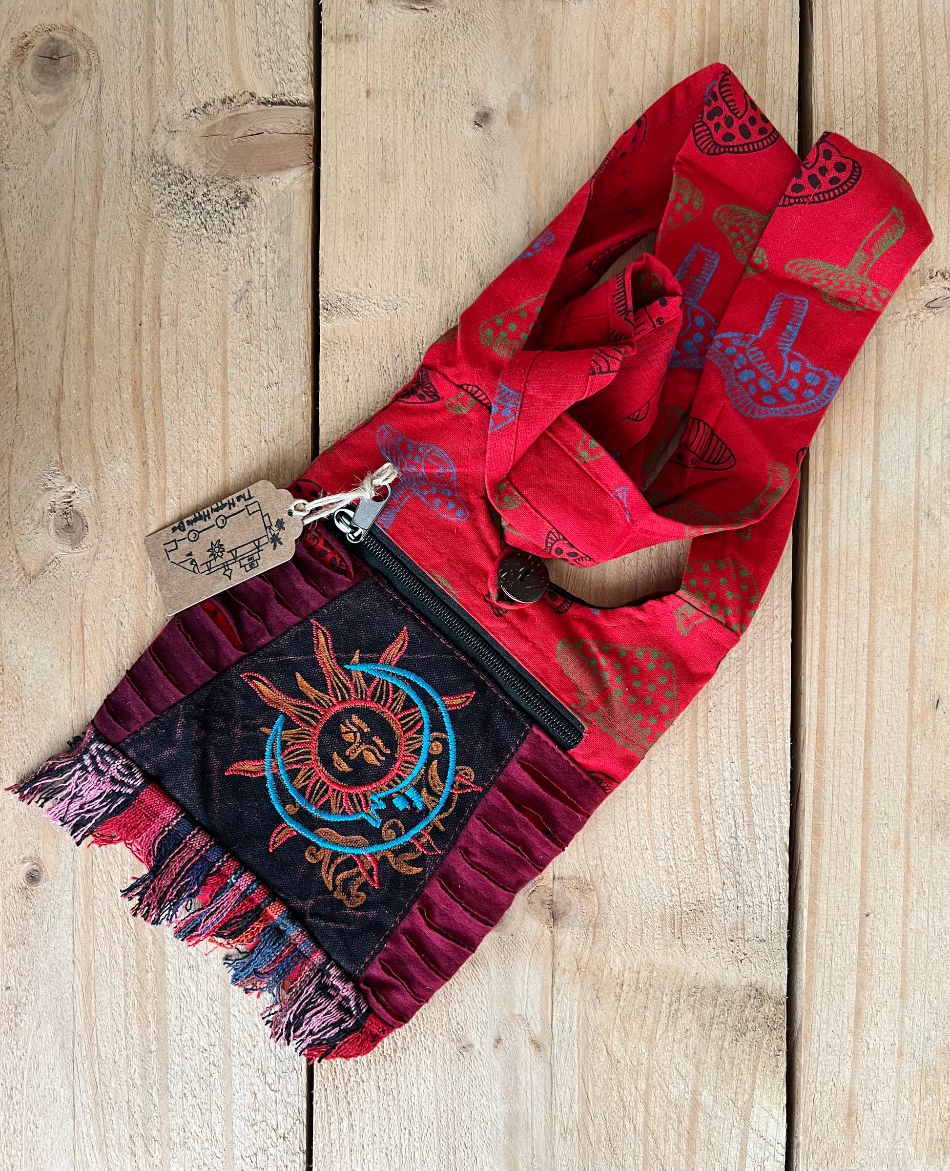 Handmade Fair Trade Bohemian Sun & Crescent Moon Hippie Shoulder Money Bag Beach Travel Festival Red