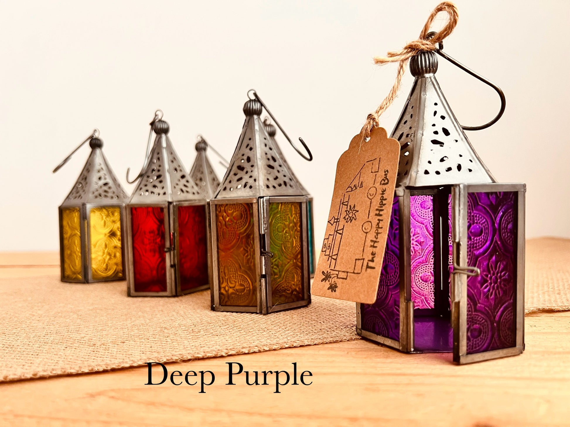 Handmade Fair Trade Ethically Sourced Recycled Metal Glads Lantern Moroccan Style T Light Holder Small Colourful Boho Hippie Decor Orange Purple Green Blue Purple Yellow Pink Red Silver Mini Lantern 