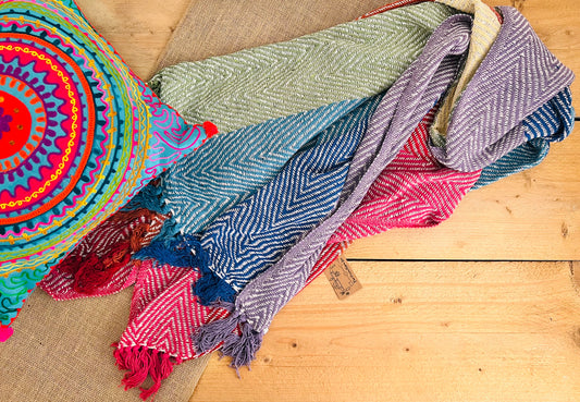 Herringbone weave handmade rainbow stripe throw blanket, colourful rainbow colour stripes with colourful tassel edge, boho hippie bohemian decor blanket throw, fair trade & ethically sourced